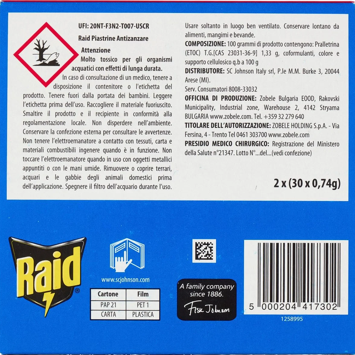 Raid Piastrine Antizanzare, 60 Piastrine Inodore per Zanzare Comuni e Tigre, Fino a 12 Ore di Protezione, Compatibili con Diffusori Raid
