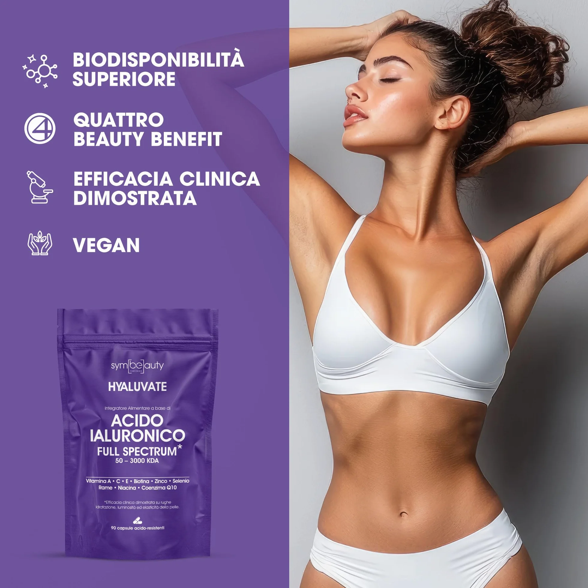 HYALUVATE Integratore Capelli Donna con Acido Ialuronico Puro + Biotina 3 Mesi - Vitamine per Capelli, Pelle e Unghie, Zinco e Vitamina C, Vegan, 90 Capsule Acidoresistenti