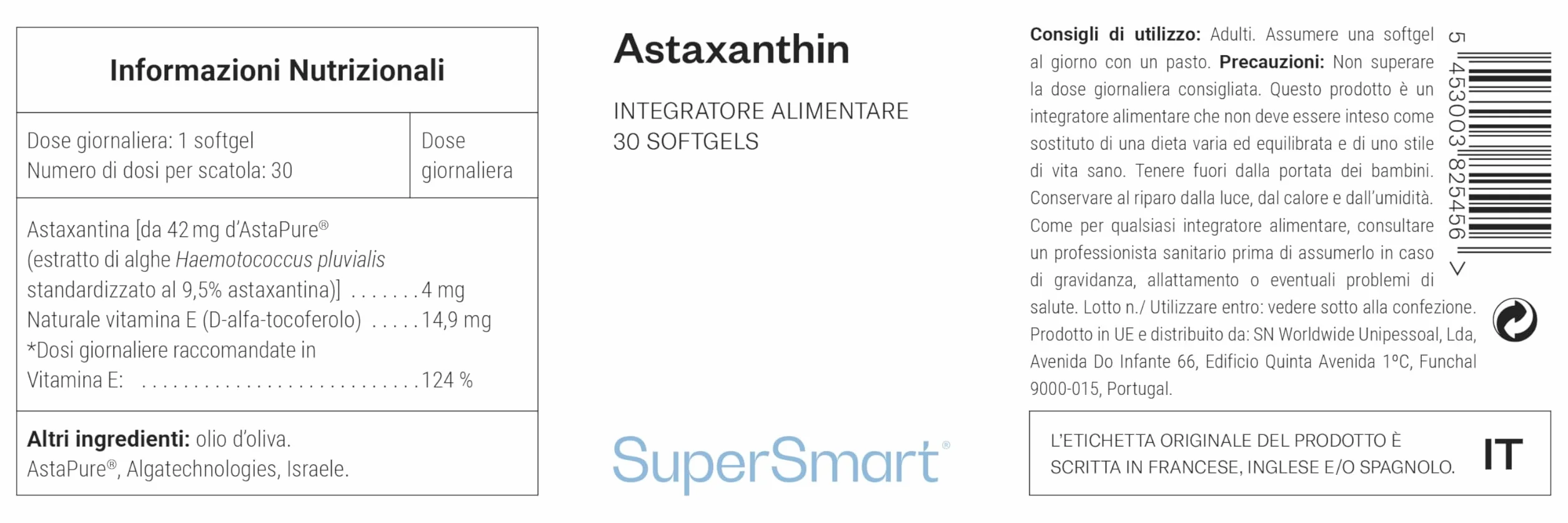Astaxantina 9,5% Estratto di alga Haematococcus Pluvialis Antiossidante Vegano Senza glutine SuperSmart