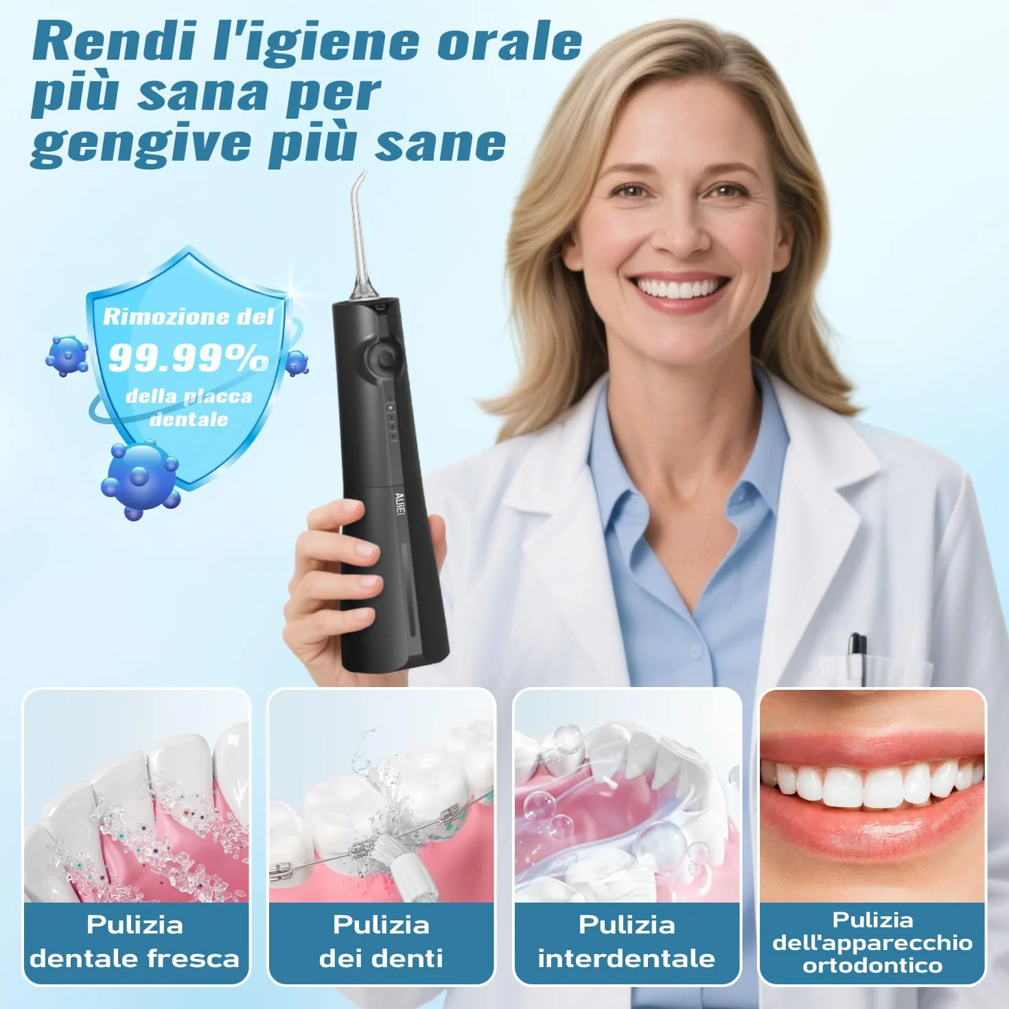 AUIEI Idropulsore dentale senza fili, irrigatore orale IPX7, serbatoio 300 ml, 5 modalità, 8 ugelli, Nero