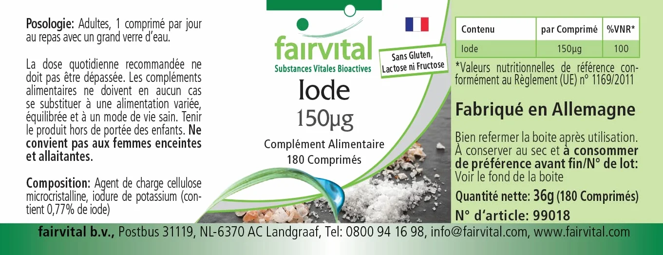 fairvital Compresse di iodio, 180 compresse, facili da deglutire, ALTO DOSAGGIO con 150 µg di iodio per compressa, a base di ioduro di potassio, VEGANE