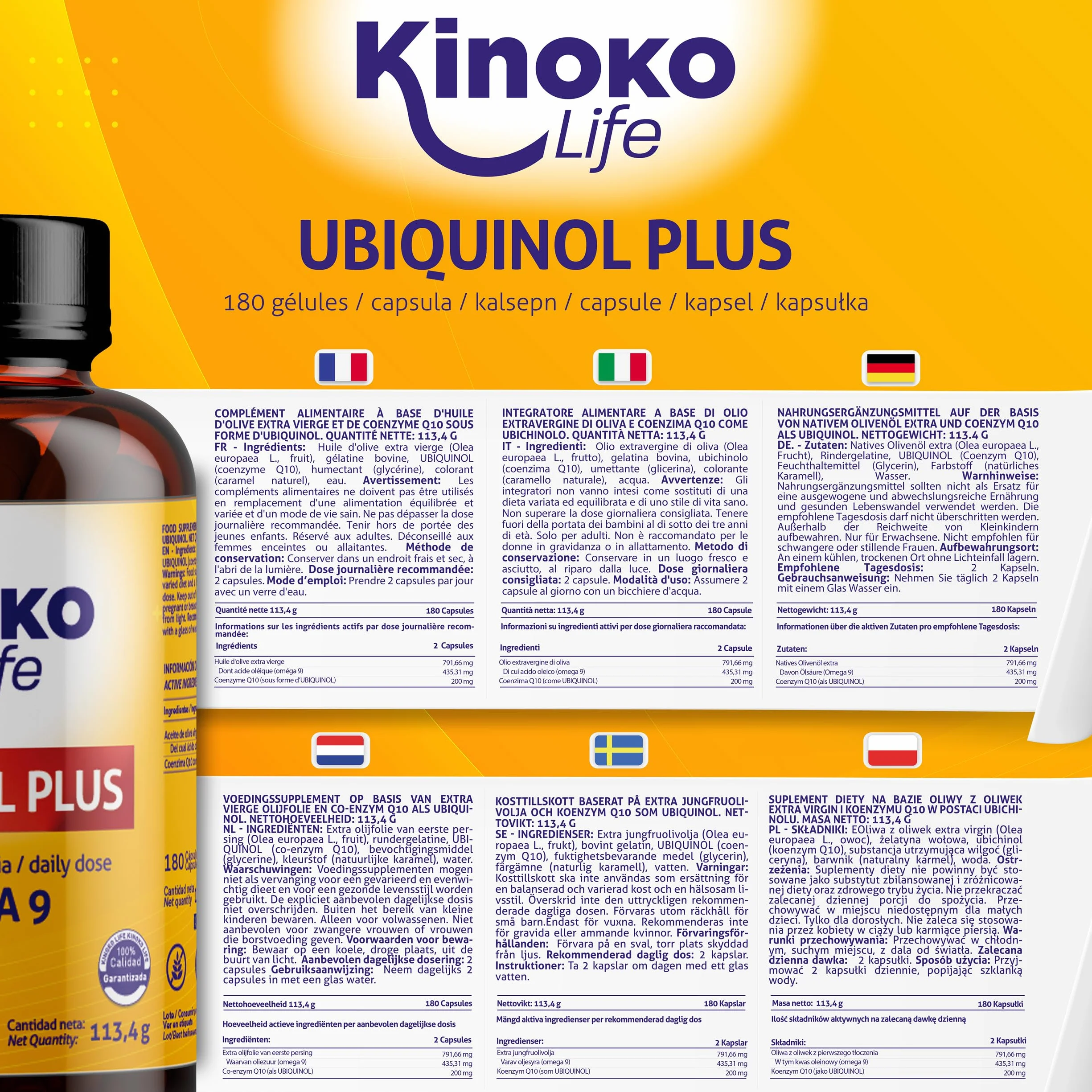 Ubichinolo Coenzima Q10 180 Capsule, Ubiquinol Plus 200 mg Dose Giornaliera, 100 mg per Capsula, CoQ10 Ridotta con Omega 9 e Olio Extravergine di Oliva, Softgels, Kinoko Life