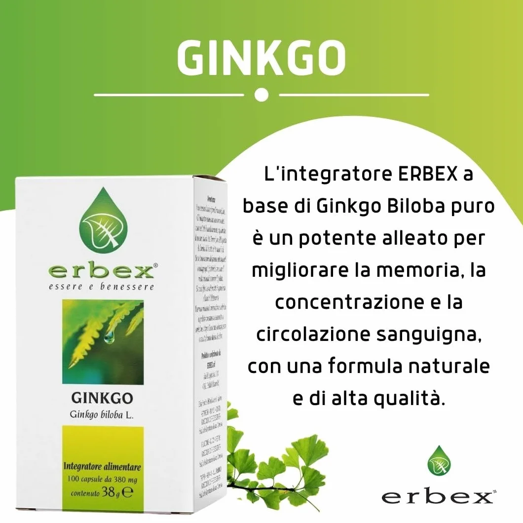 ERBEX - Integratore Ginkgo Biloba Vegano Forte per Prevenire Invecchiamento, Azione Antiossidante, Aiuto Naturale per Memoria e Funzioni Cognitive Ginkgo Biloba in Capsule