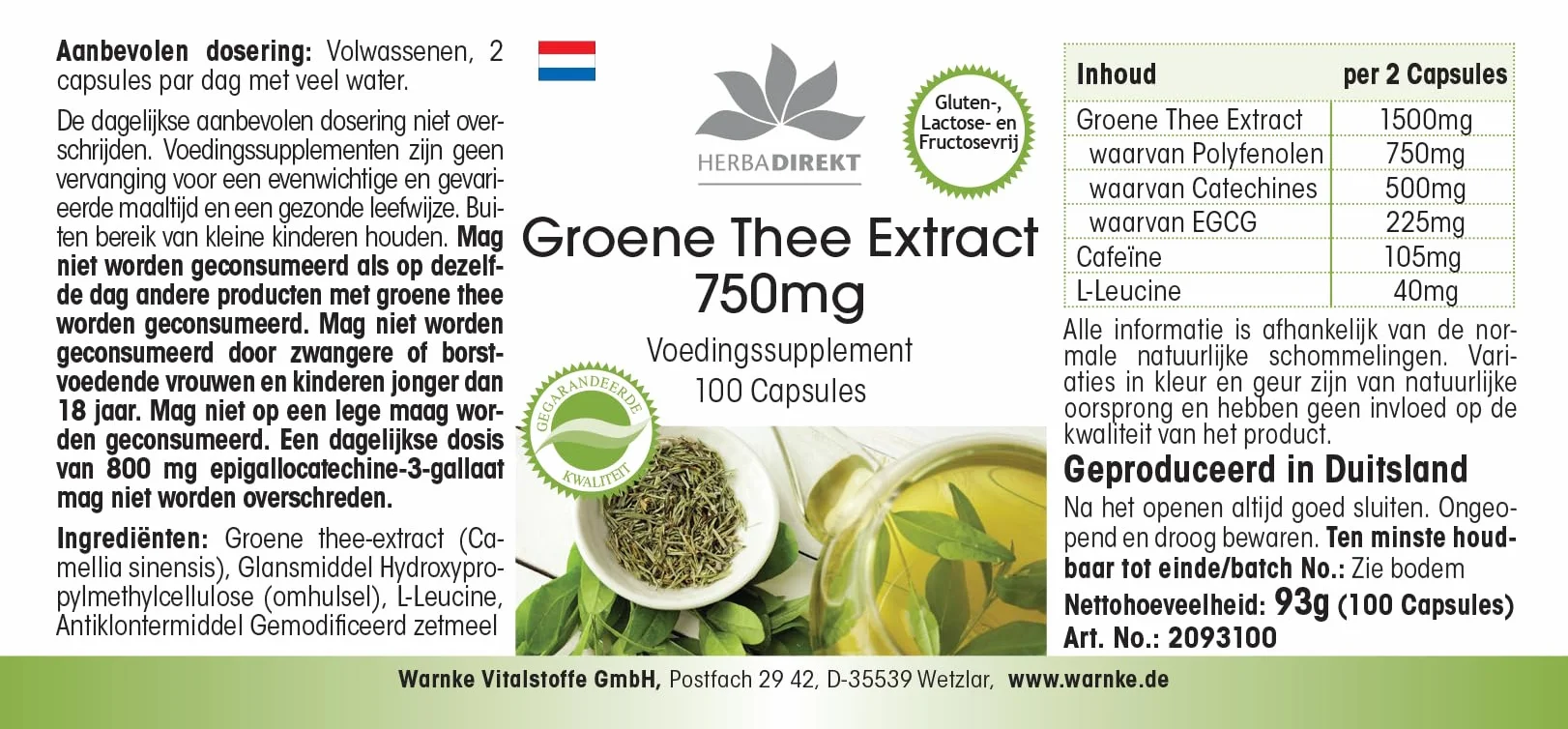 Estratto di tè verde 750 mg capsule - 100 capsule - polifenoli - catechine - EGCG - caffeina - ad alto dosaggio - vegano | HERBADIREKT by Warnke Vitalstoffe - Qualità farmaceutica tedesca