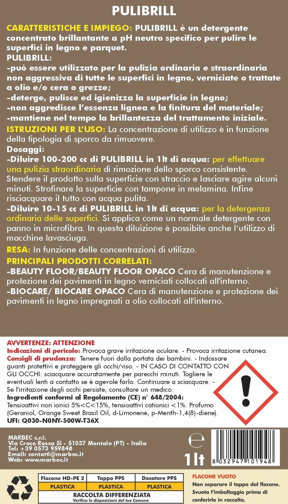 MARBEC PULIBRILL 1LT Detergente concentrato per pavimenti in legno e parquet