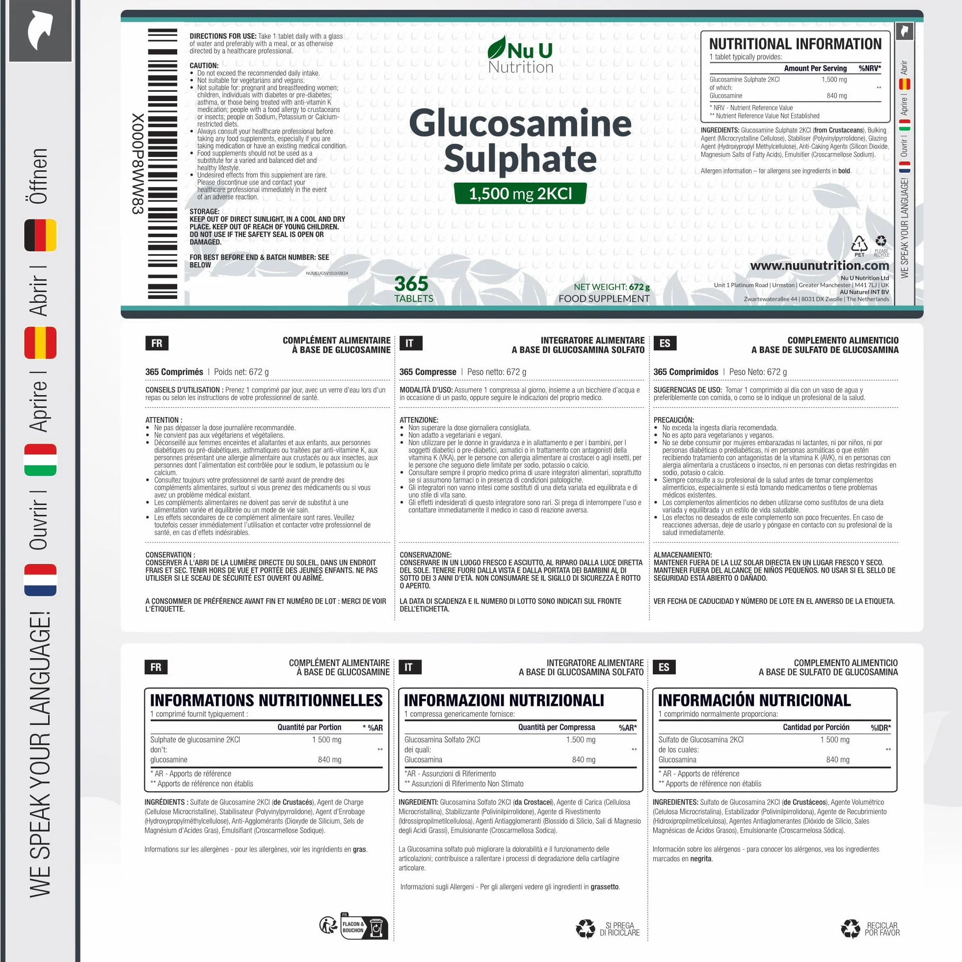 Glucosamina Solfato 1500 mg 2KCl Alto Dosaggio - 365 Compresse non Capsule - 1 Anno di Durata - Integratore per Articolazioni - Prodotto in Europa - Nu U Nutrition