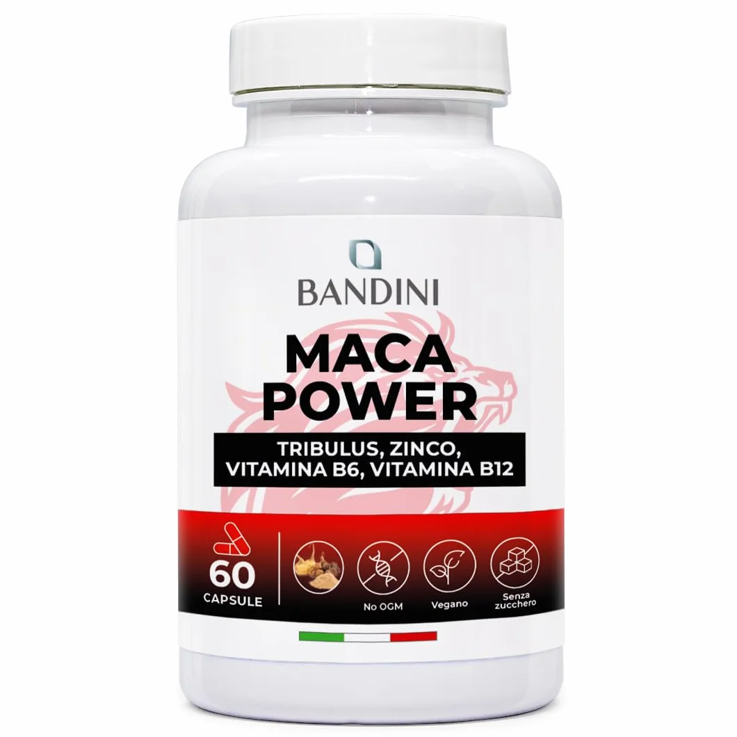 Bandini® MACA POWER Peruviana, 60 Capsule 100% Vegane, Complesso ad Alto Dosaggio con Tribulus, Arginina, Zinco, Vitamina B6 e B12 - Stanchezza Fisica e Mentale, Energia, Sport - Made in Italy