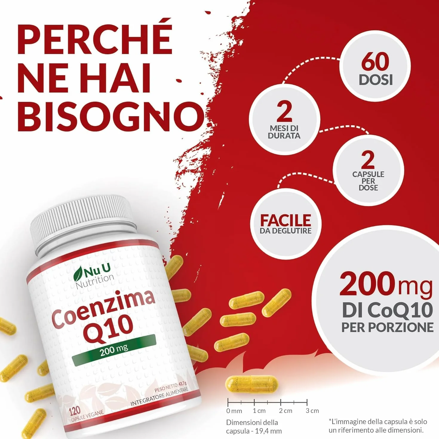 Coenzima Q10 200mg - 120 Capsule Vegane - 2 Mesi di Durata - 100mg di CoQ10 per Capsula - 100% Ubiquinone Puro Fermentato Naturalmente - Prodotto in Europa - Nu U Nutrition