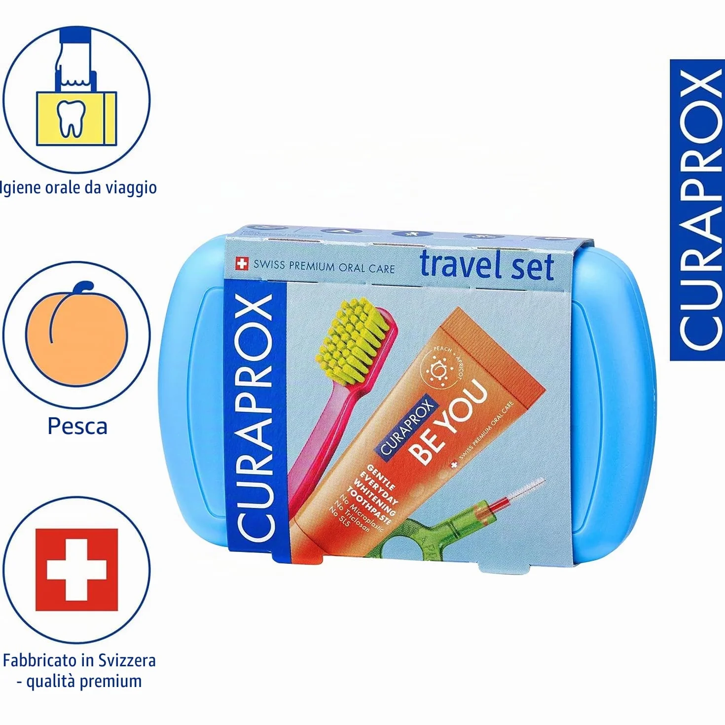 Curaprox Travel Kit-CS 5460 Spazzolino da denti con dentifricio "Be You" | 2 Scovolini CPS Prime 07 e 09 / Dental Care Kit 9,5 cm x 6 cm/Blu/Made in Switzerland