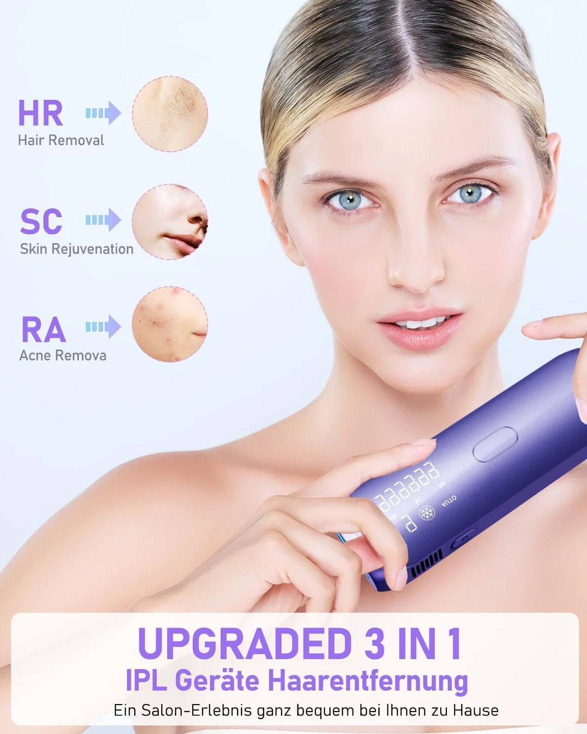 Depilazione laser con sistema di raffreddamento a ghiaccio, dispositivi IPL depilazione laser 9 livelli di energia e 3 funzioni HR/SC/RA,999,900 impulsi di luce laser per uomini, donne, viso, ascelle,