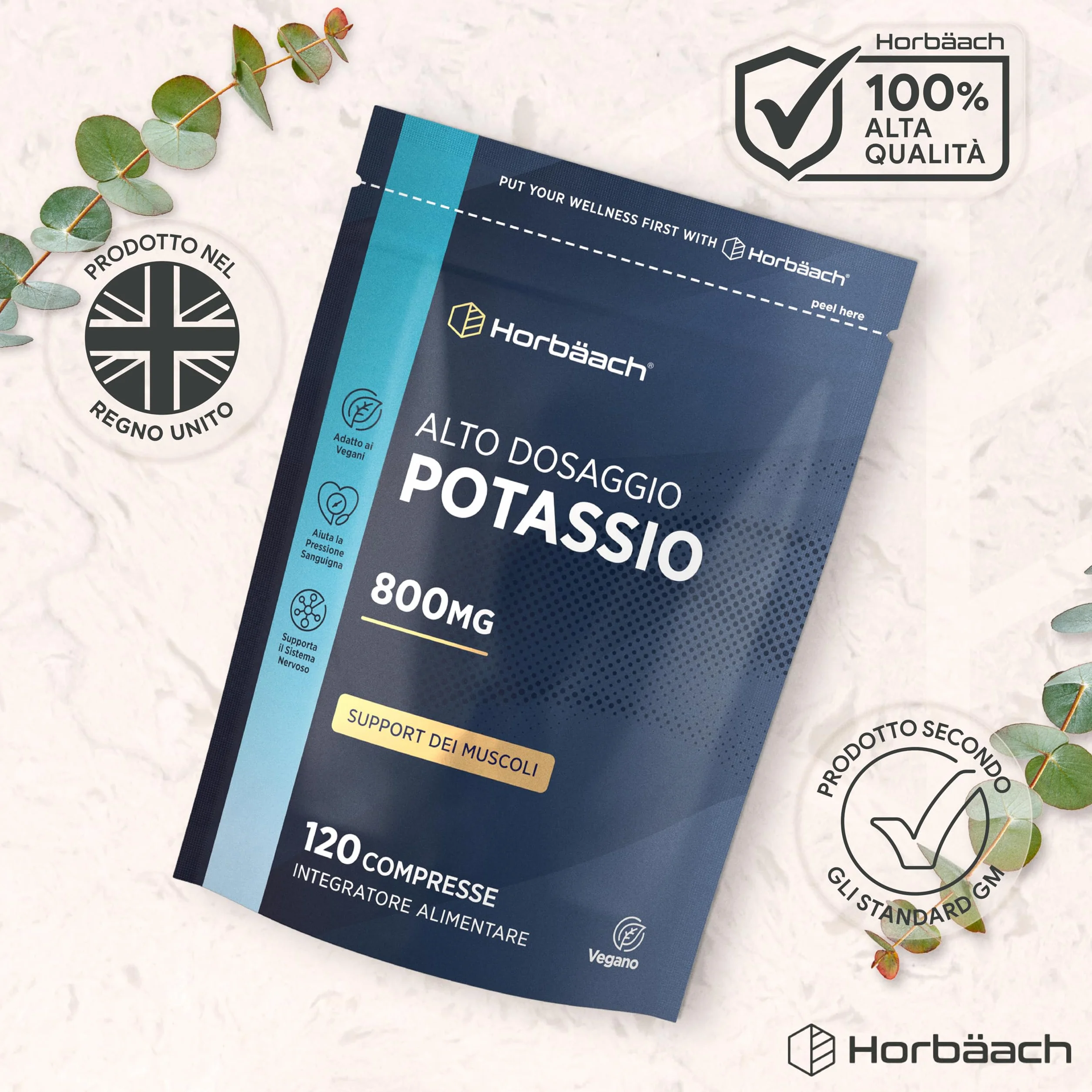 Potassio Integratore 800mg | 120 Compresse Vegane | ad Alto Dosaggio | Potassium | Horbaach