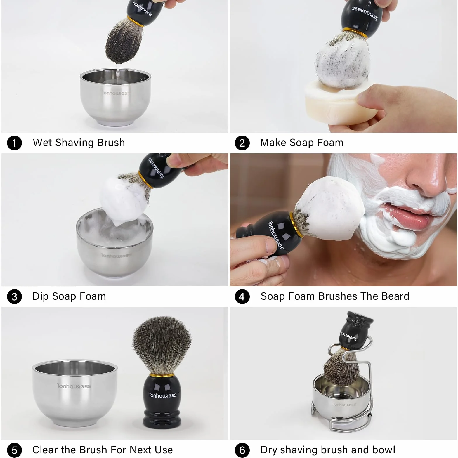 Kit Pennello da Barba per Uomo, Set di Pennelli da Barba 4 in 1 Include Pennello da Barba in Pelo di Tasso, Ciotola e Supporto da Barba in Acciaio Inossidabile e Sapone da Barba per Regalo