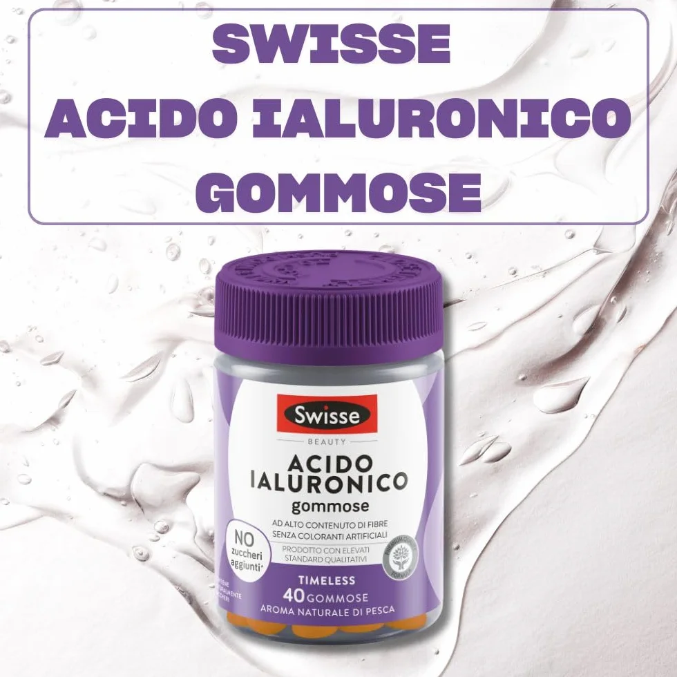 SWISSE Beauty Acido Ialuronico Gummies Integratore Donna e Uomo 40 Pastiglie Gusto Pesca Vegano
