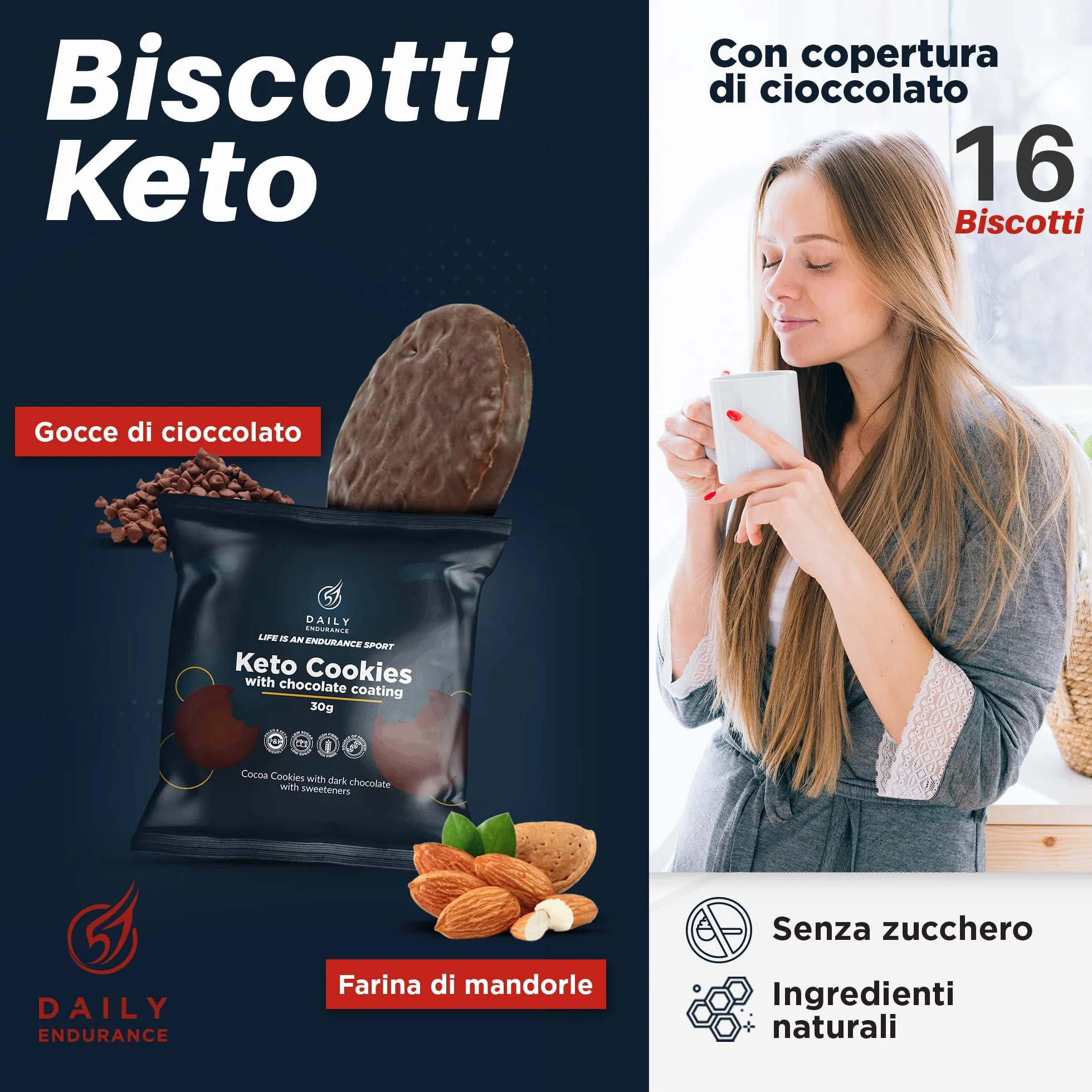 Keto Cookies Senza Zucchero 16 Biscotti Keto Rivestiti di Cioccolato Snack Keto 480g Daily Endurance