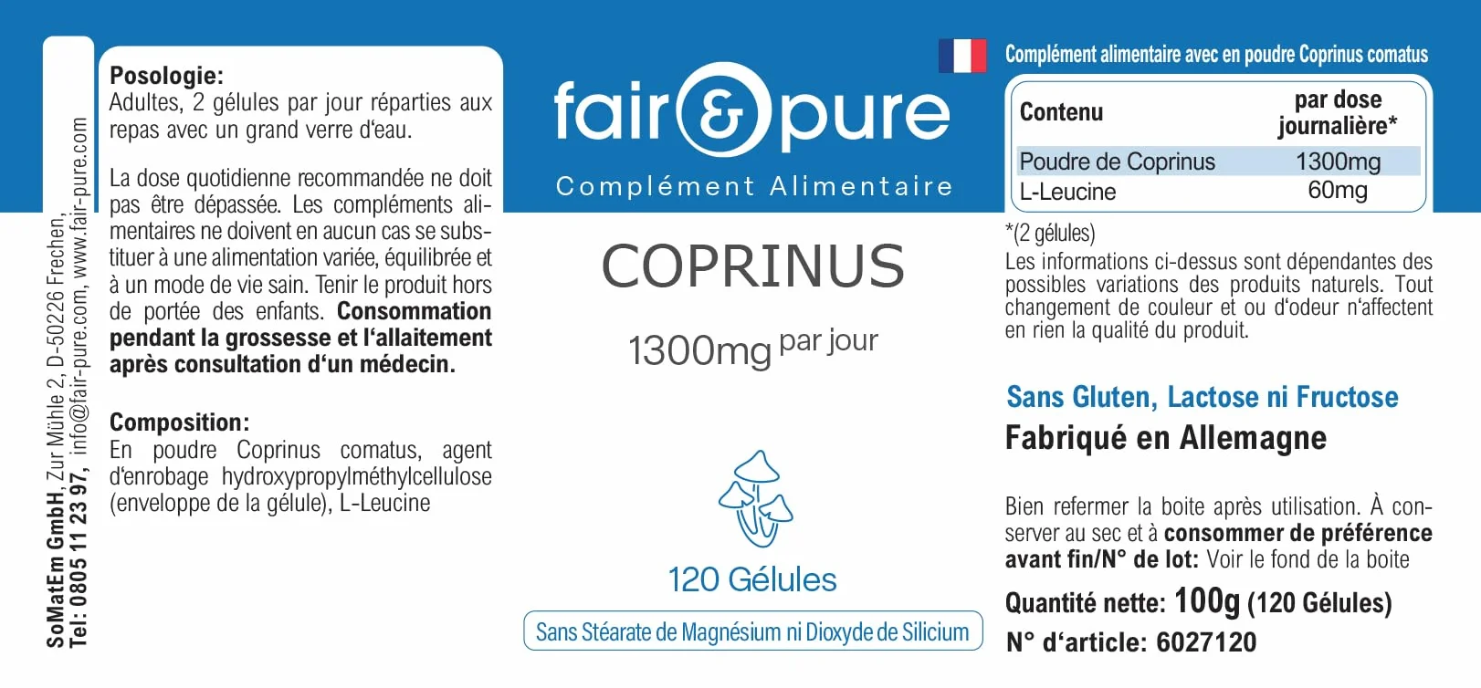 Fair & Pure Capsule di Coprinus 1300mg dose giornaliera, 120 pezzi, fungo coprinus, integratore alimentare vegano senza additivi, prodotto in Germania
