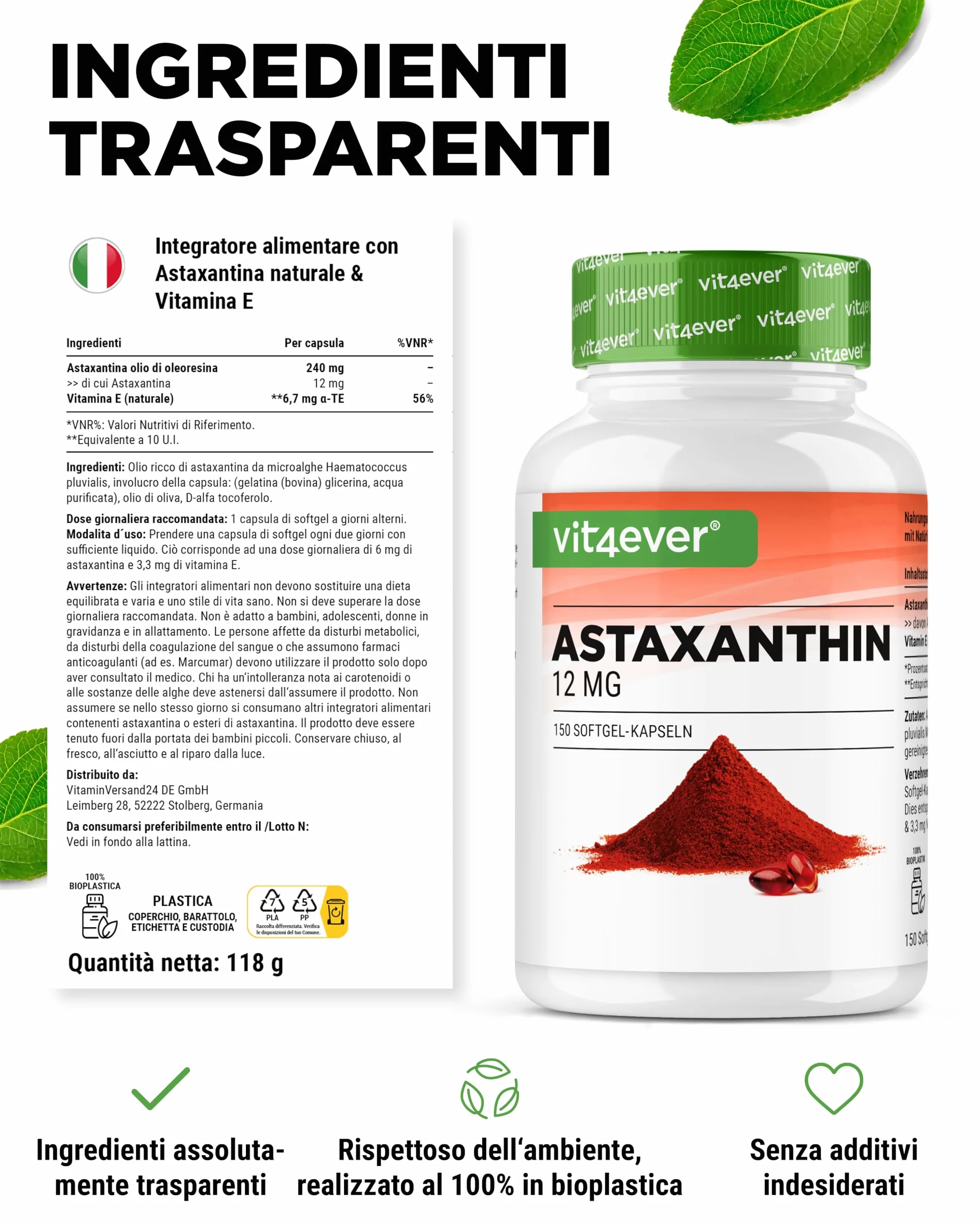 Astaxantina 12 mg 150 capsule softgel - Premium da Haematococcus pluvialis con vitamina E e olio d'oliva