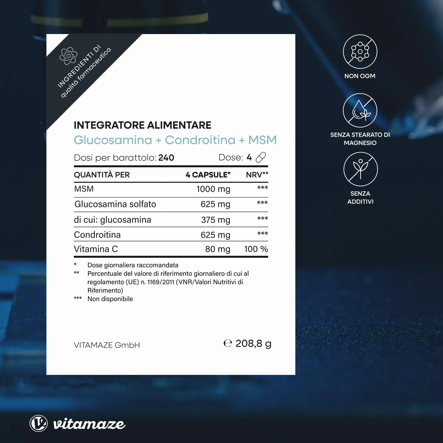 Glucosamina Condroitina MSM 2250 mg con Vitamina C, 240 Capsule, Articolazioni e Cartilagine Integratori, Alto Dosaggio, Naturale senza Additivi non Necessari, Qualitá Tedesca - Vitamaze®