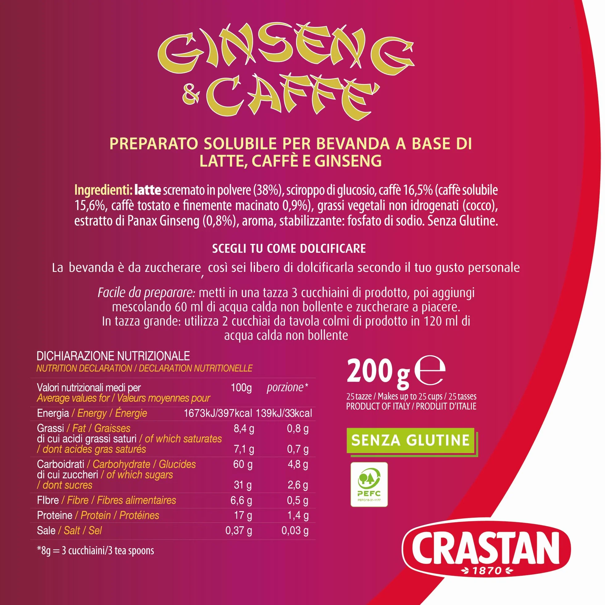 Crastan Ginseng & Caffè Preparato Solubile 50 Tazze 2 Barattoli 200 gr