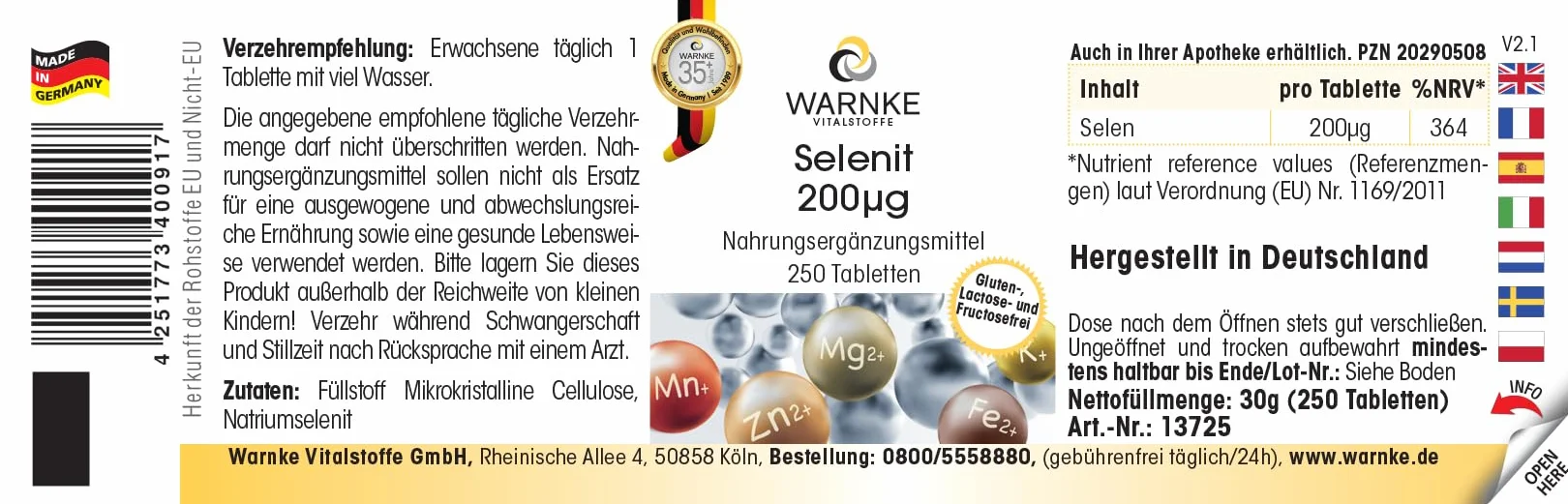 Selenite 200μg - 250 compresse - 200μg di selenio per compressa - Selenito di sodio - ALTO DOSAGGIO - Qualità farmaceutica tedesca - Vegano | Warnke Vitalstoffe