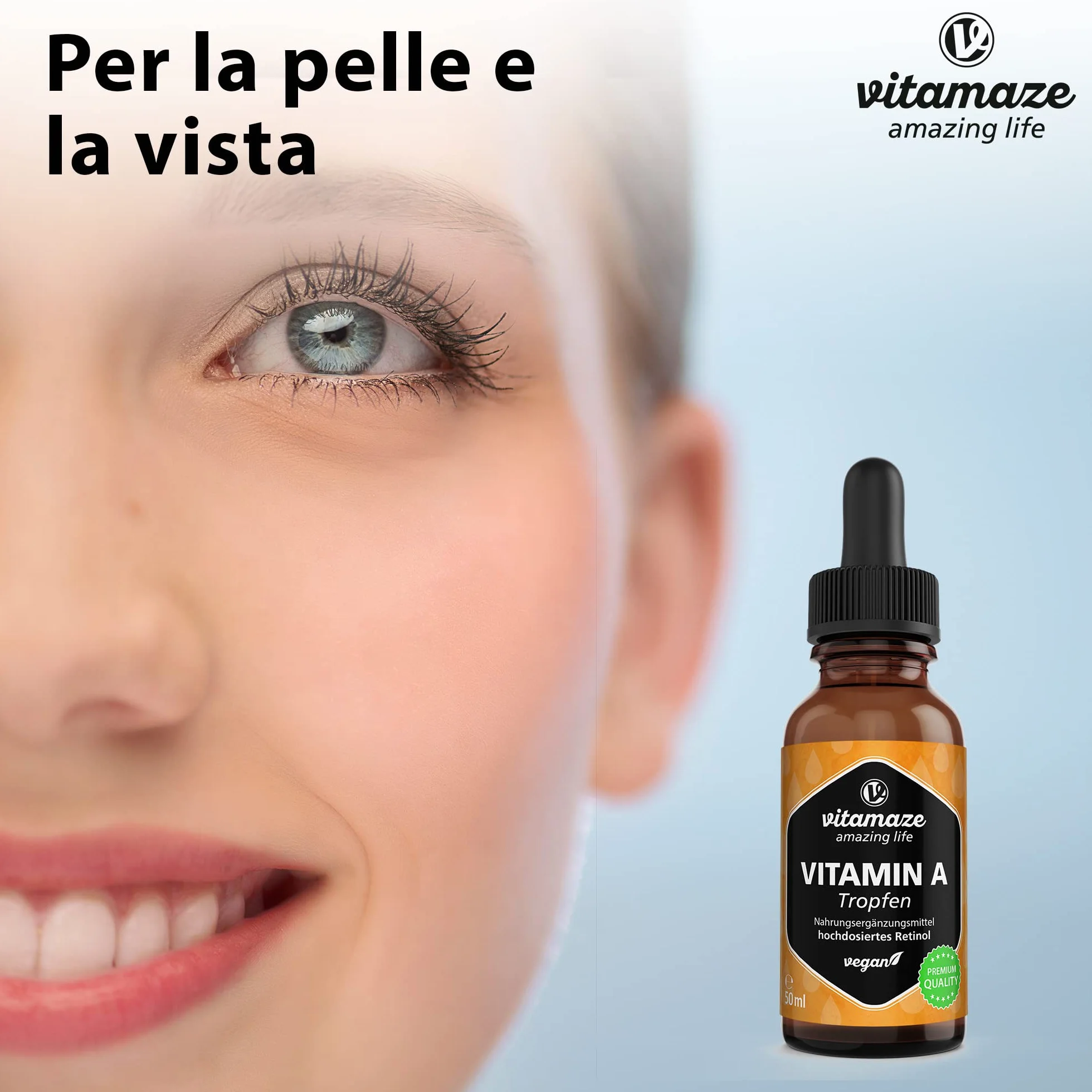 Vitamina A Gocce 5000 UI ad Alto Dosaggio per Dose Giornaliera, Retinolo Vegano & Liquido, 50 ml (1700 Gocce), Alta Biodisponibilità, Integratore Alimentare Naturale & Pura, senza Additivi