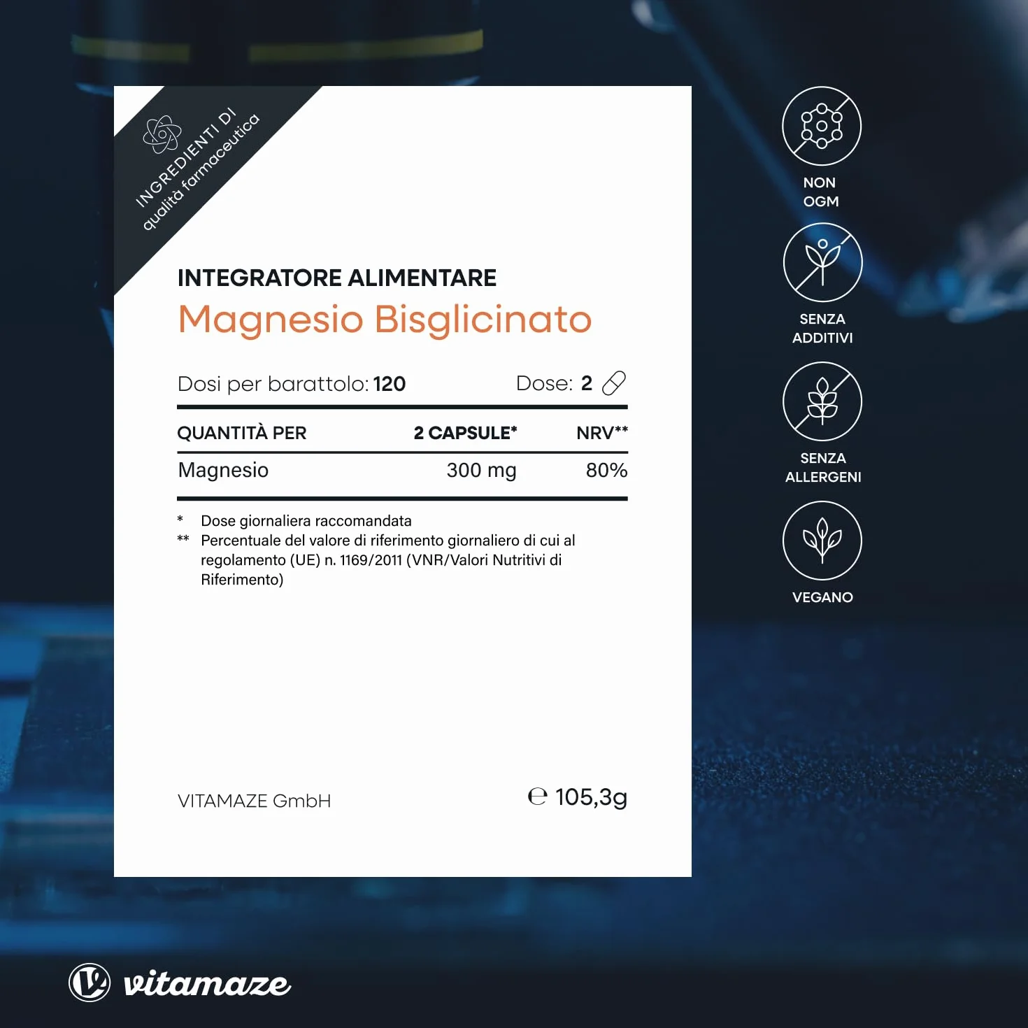 Magnesio Bisglicinato 1500 mg in sole 2 capsule piccole al giorno altamente dosate, 300 mg magnesio elementare, Anti Stress, Fatica e Dolori Muscolari, Rilassante, 120 capsule vegane, Made in Germany