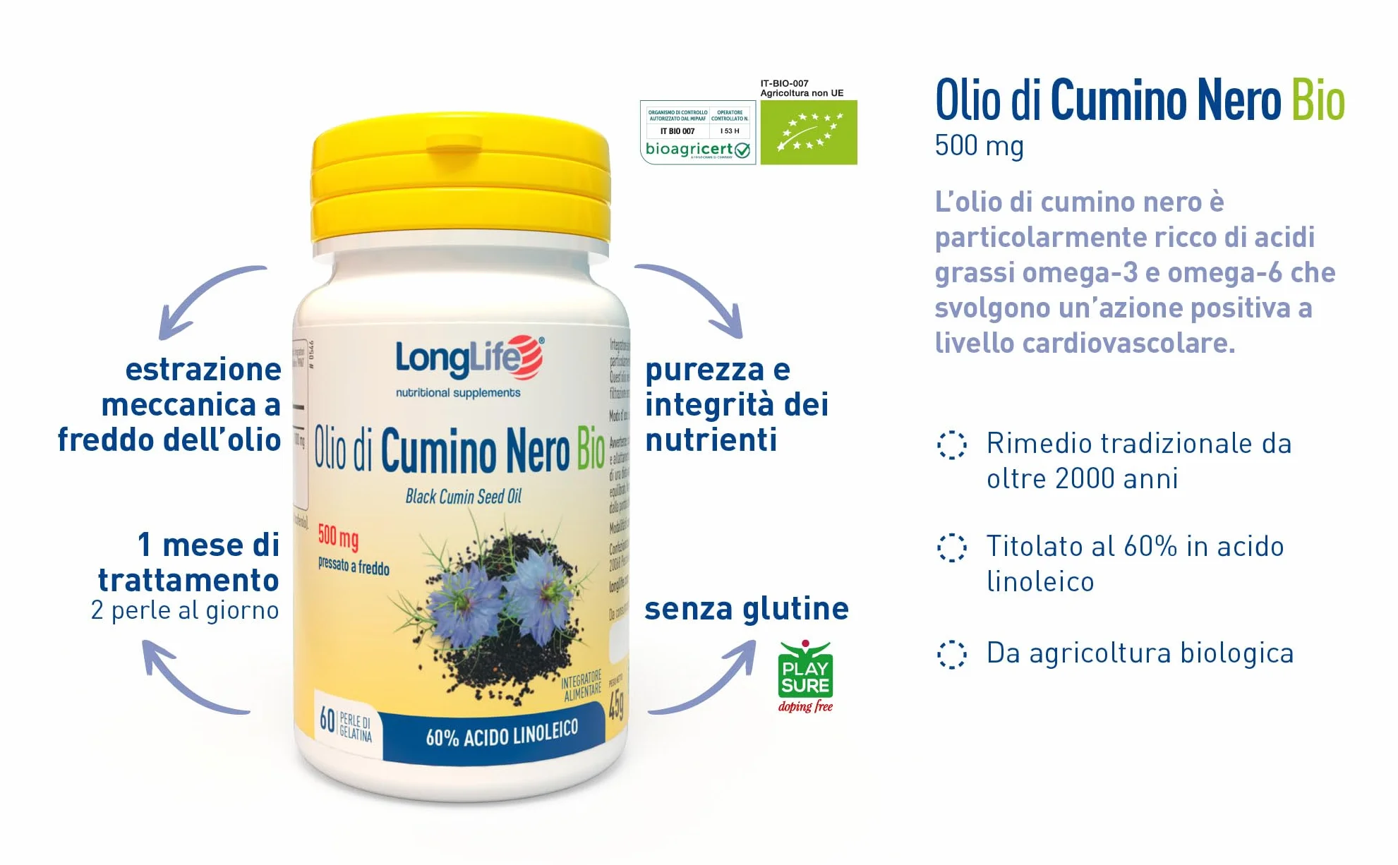 LongLife® Olio di Cumino Nero Bio | Titolato al 60% in acido linoleico | Pressato a freddo | Sostegno immunitario e cardiovascolare | Funzione antiossidante | 1 mese di trattamento | Senza glutine