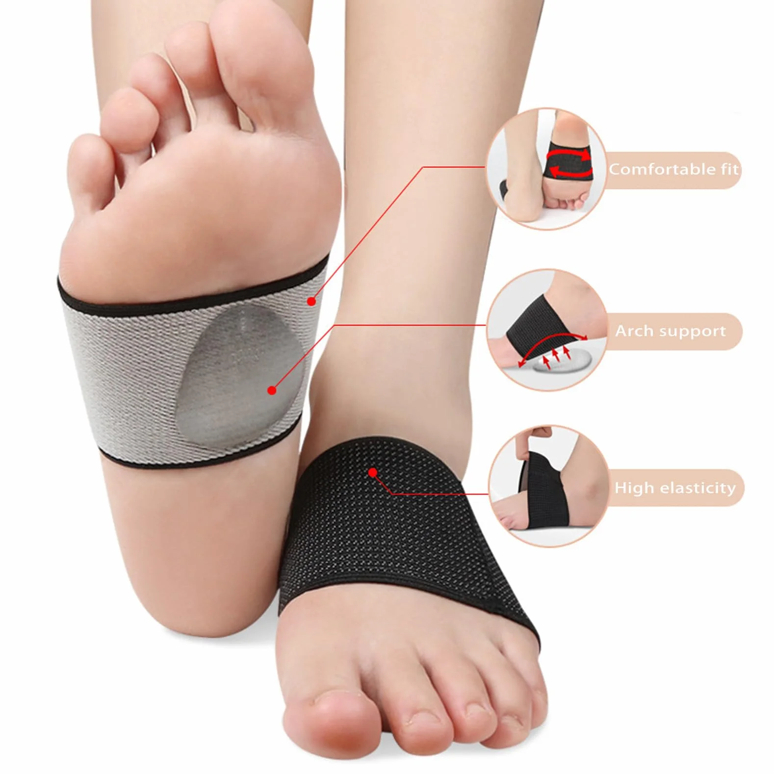 Fasce per Piedi con Cuscinetti in Gel per Alleviare Dolore Piedi Piatti e Metatarso, Donna Uomo (S, 35-39, Nero e Beige)