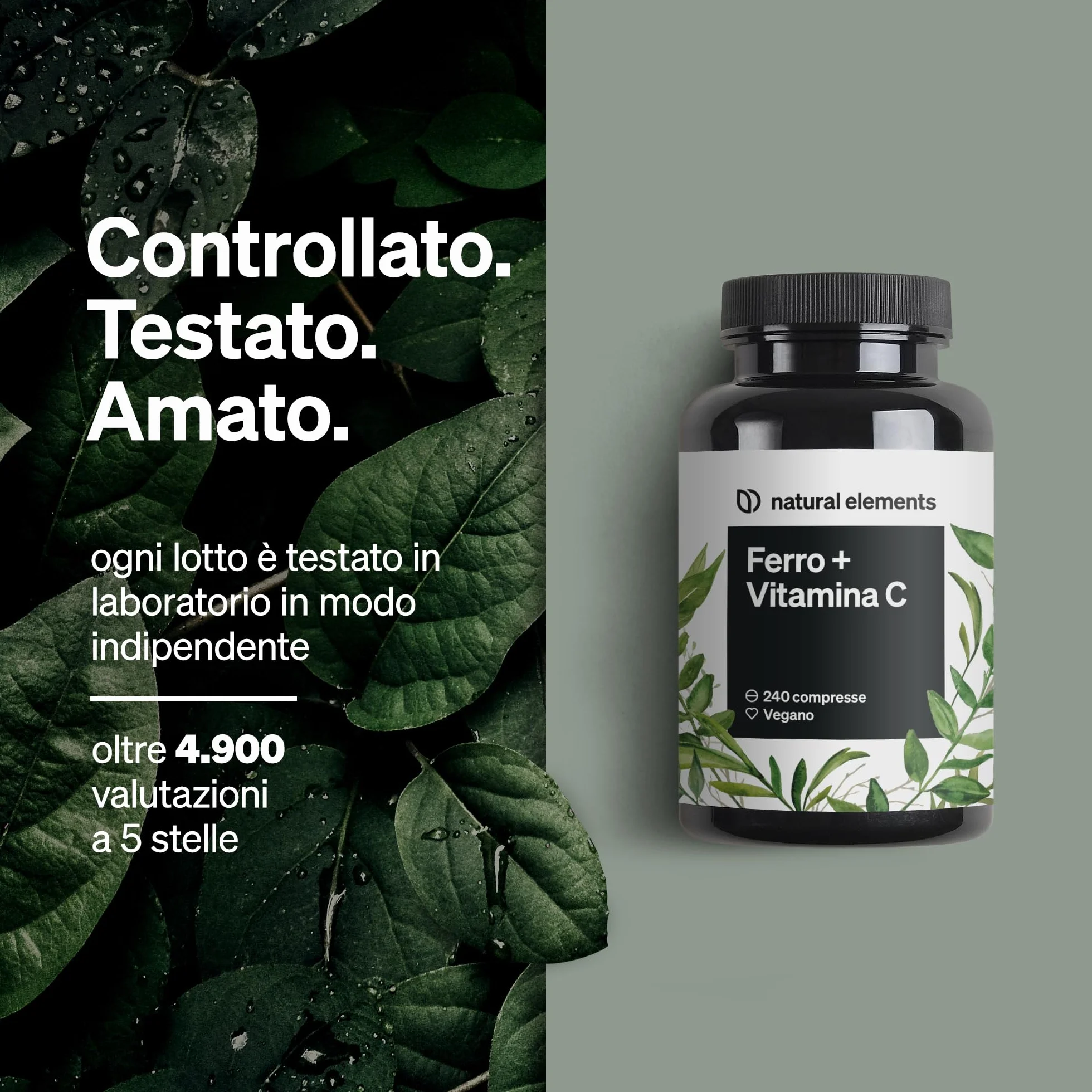 natural elements Integratore Ferro con 40mg Vitamina C (da bisglicinato ferroso) – 240 compresse vegane – vitamina C naturale da acerola – complesso chelato ben tollerato – ad alto dosaggio