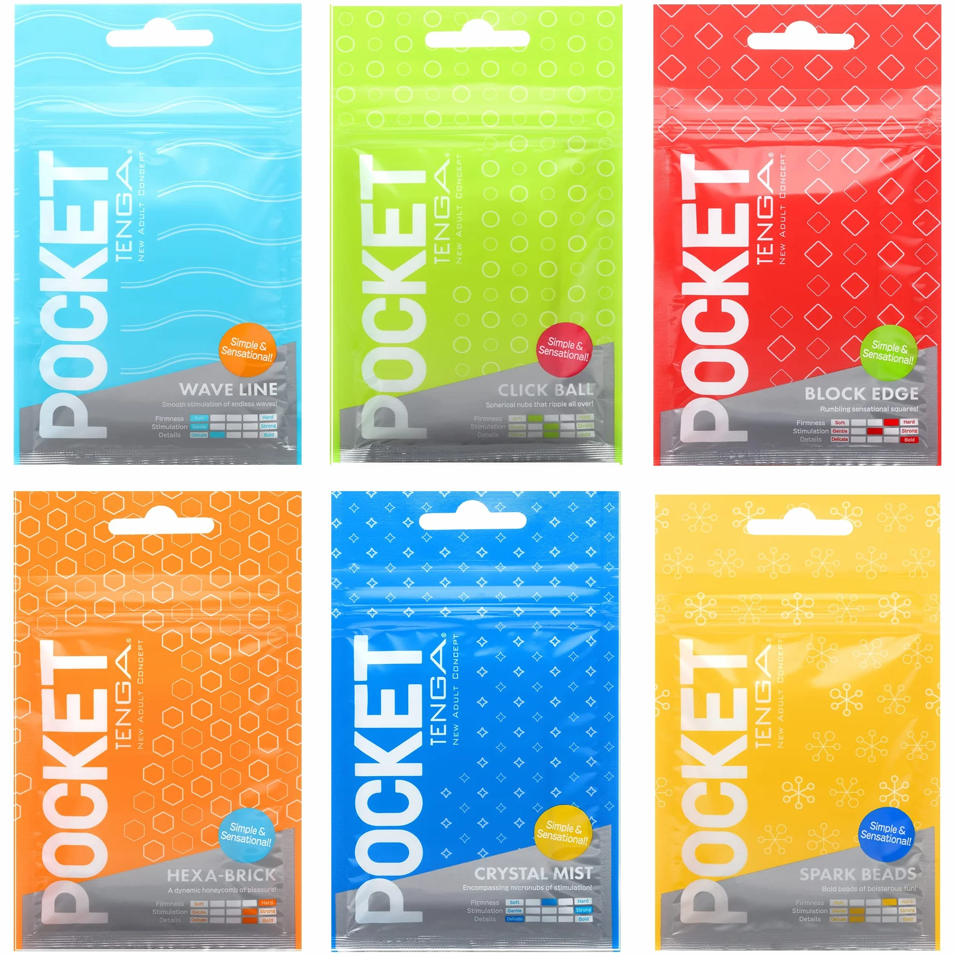 POCKET TENGA SERIES (WAVE LINE + CLICK BALL + BLOCK EDGE + HEXA-BRICK + CRYSTAL MIST + SPARK BEADS)