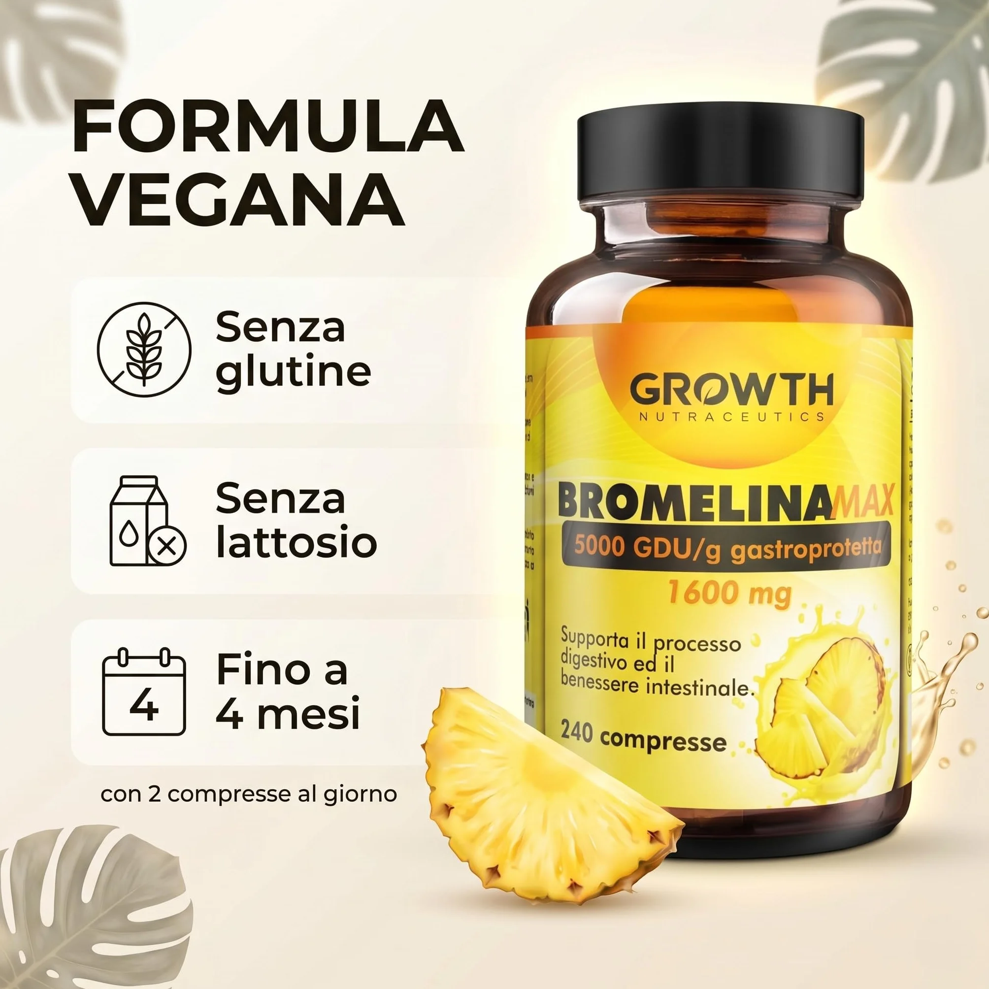 Bromelina 5000 GDU/g 240 Compresse Integratore di Bromelina da Ananas - Supporto Drenaggio Liquidi e Benessere Digestivo