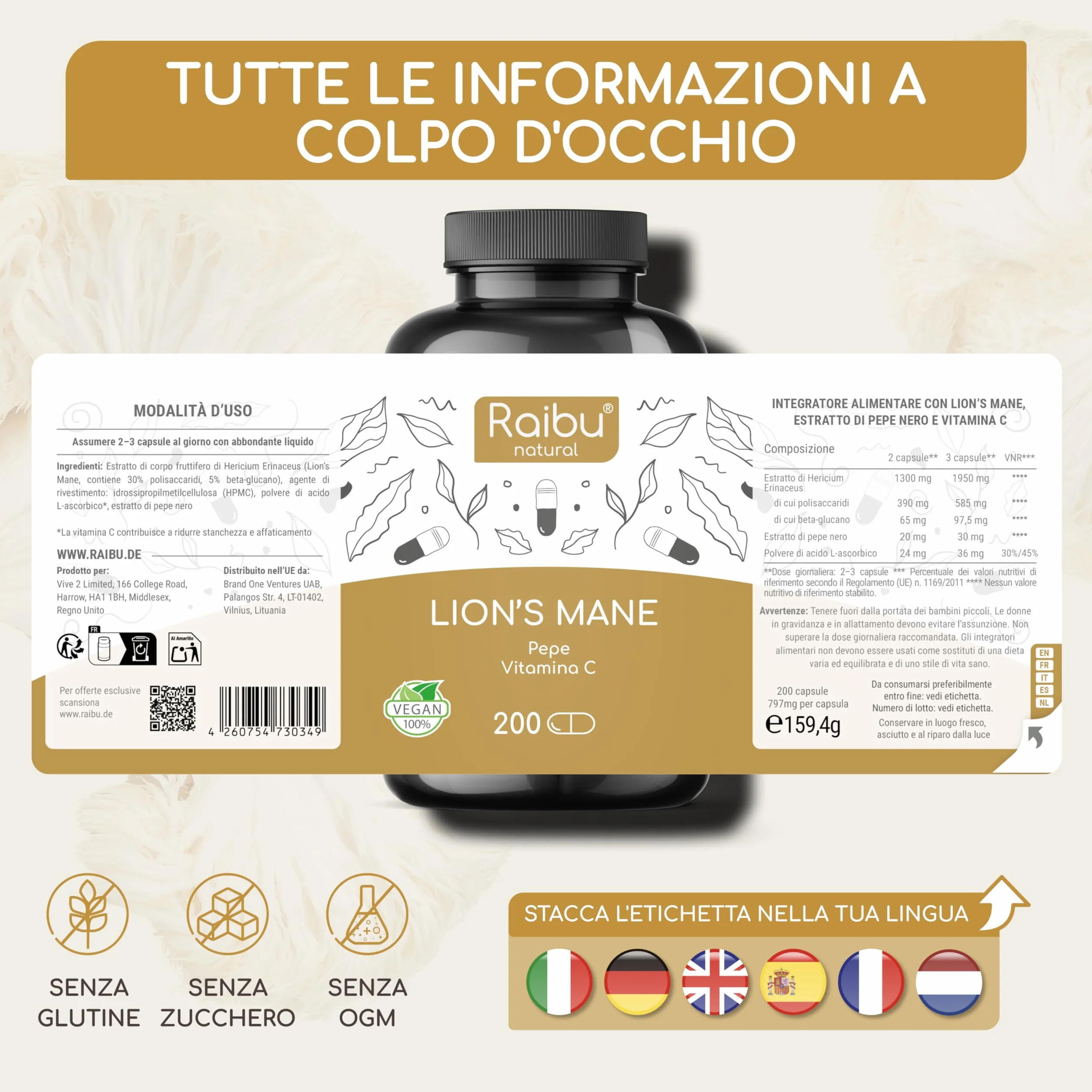 Lions Mane 58.500 mg (Estratto 30:1) Capsule - Per il Cervello, il Benessere e l’Umore - Hericium Erinaceus, Vitamina C e Pepe Nero - 30% Polisaccaridi, 5% Beta-Glucani - Raibu