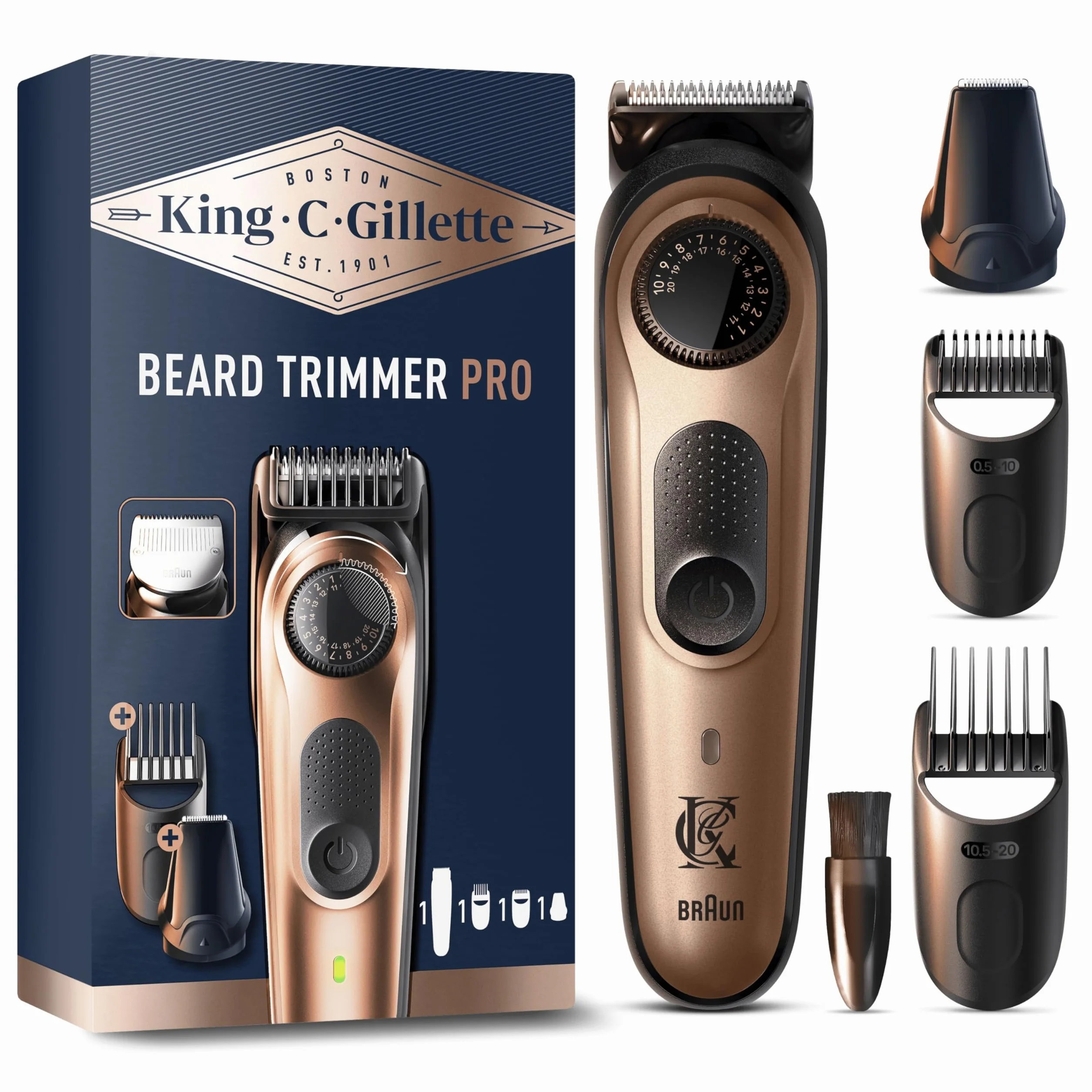 King C. Gillette Regolabarba Uomo Pro, Rasoio Elettrico Barba, 40 Impostazioni Lunghezza, Lame Metallo, Testina Precisione, 2 Pettini Lavabili
