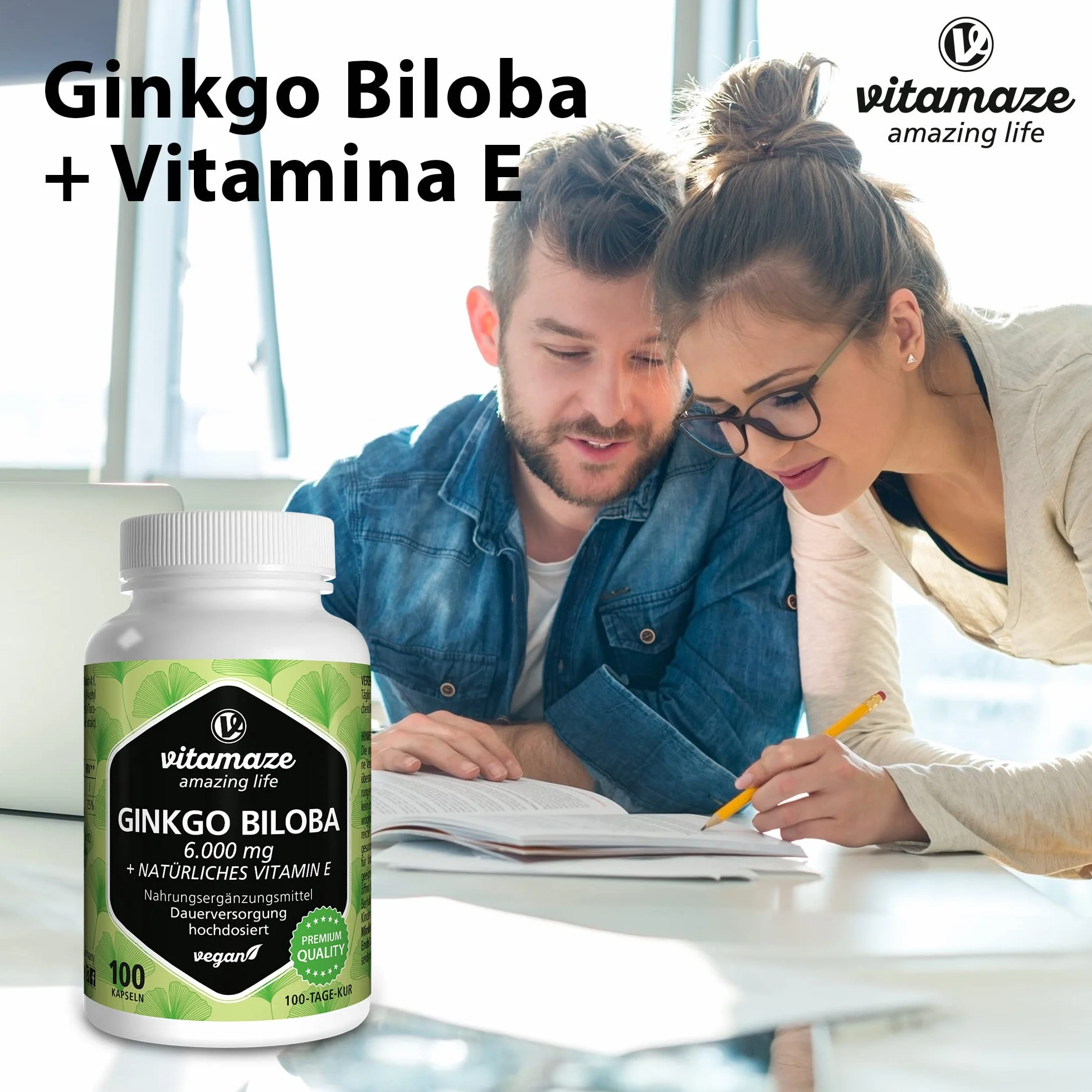 Vitamaze Ginkgo Biloba Complex 6000 mg (50:1) con L Carnitina e Vitamina E, 100 Capsule Integratore Vegano