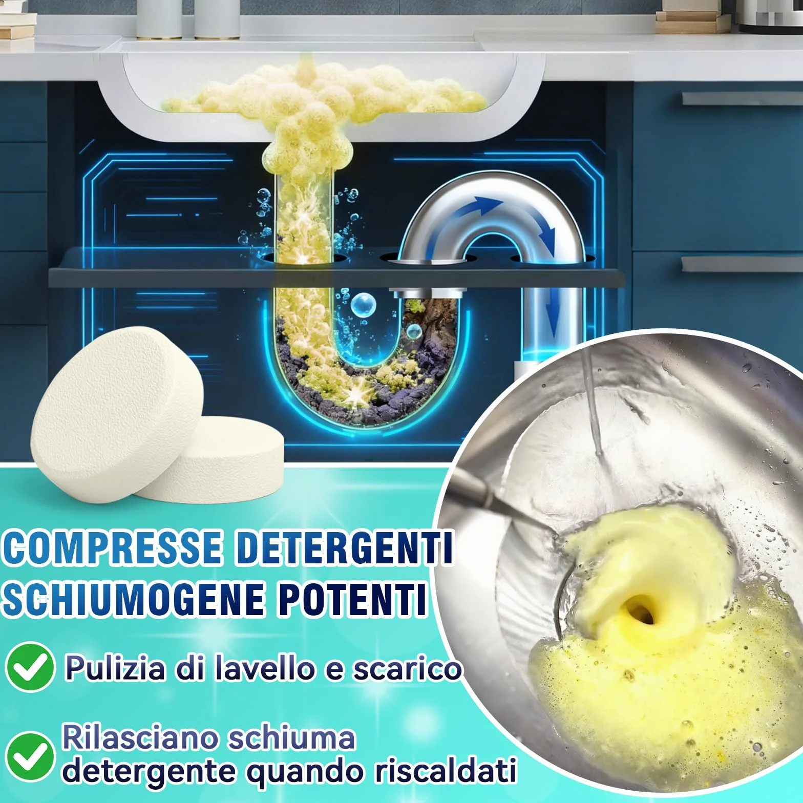 Pastiglie per la Pulizia degli Scarichi Maleodoranti 25 Compresse Effervescenti Elimina Odori Lavandino WC Doccia Cucina PVC Acciaio