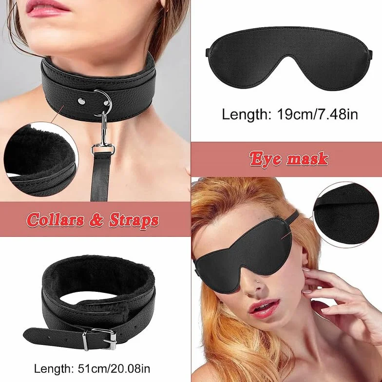 Sex Bondage Kit 10 Pezzi Pelle Nera Regolabile con Manette e Piuma Bastone