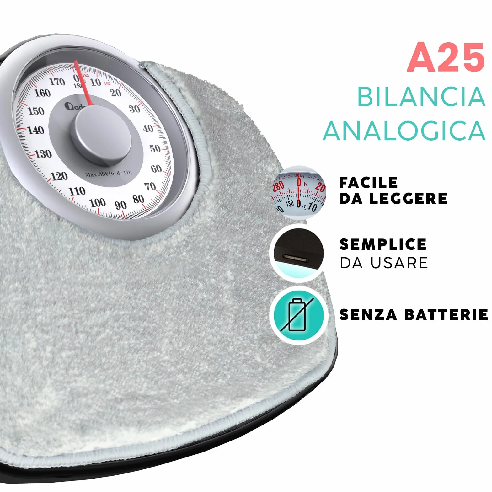 Adamson A25 Bilancia Pesapersone Meccanica, Analogica, Fino a 180 kg, Piedini Anti Scivolo – Durevole, Accurata, Precisa – 20 Anni di Garanzia – Per casa – Camera da Letto e Bagno - Tappeto Grigio