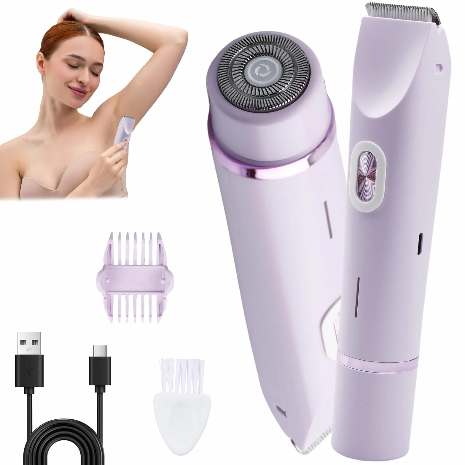 Rasoio elettrico da donna 2 in 1: rasoio intimo a doppia testa per donne, bikini trimmer, impermeabile bagnato e asciutto per viso, corpo, gamba, bikini, viola