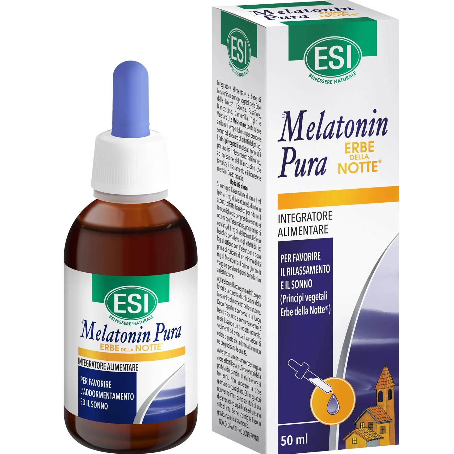 ESI Melatonina Gocce Integratore Alimentare Sonno Passiflora Biancospino Camomilla Senza Glutine Vegan 50 ml
