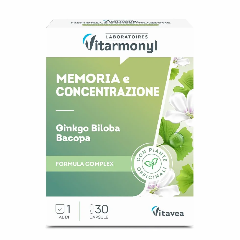 Integratore Alimentare Memoria e Concentrazione Ginkgo Biloba Bacopa 30 capsule Vitarmonyl