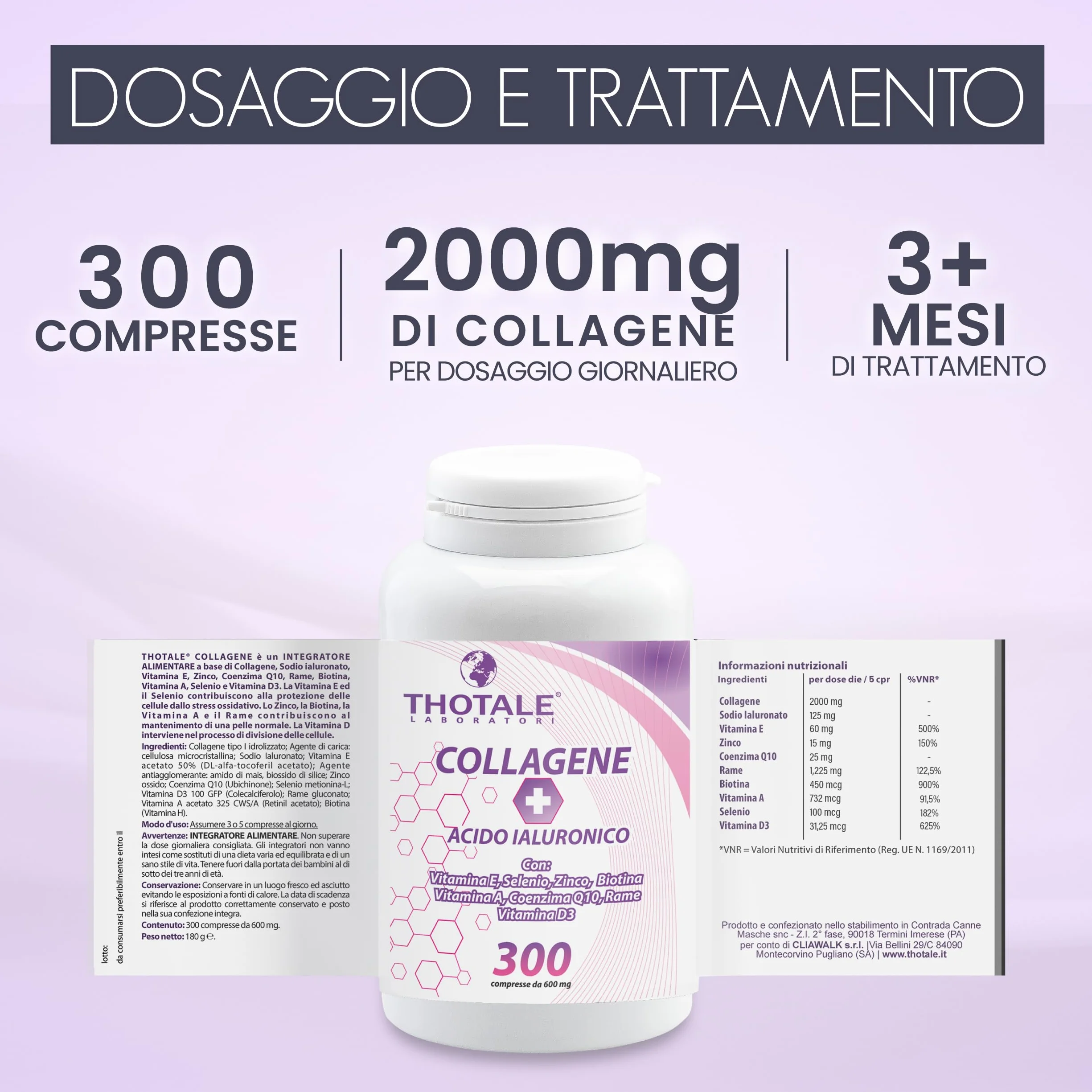 Collagene Idrolizzato 2000mg e Acido Ialuronico 300 Compresse Integratore per Pelle Ossa Articolazioni