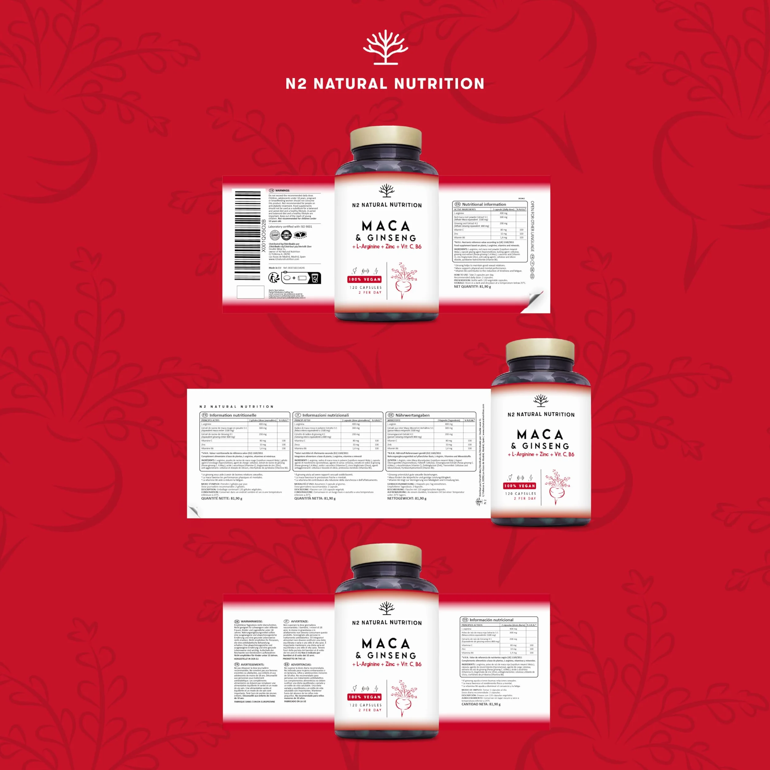 Maca Peruviana + Ginseng + L Arginina. Tripla Energia. Zinco + Vitamine C e B. Prestazioni sportive. Riduce Stanchezza e Fatica. Antiossidante. 120 Capsule. CE, Vegano, N2 Natural Nutrition