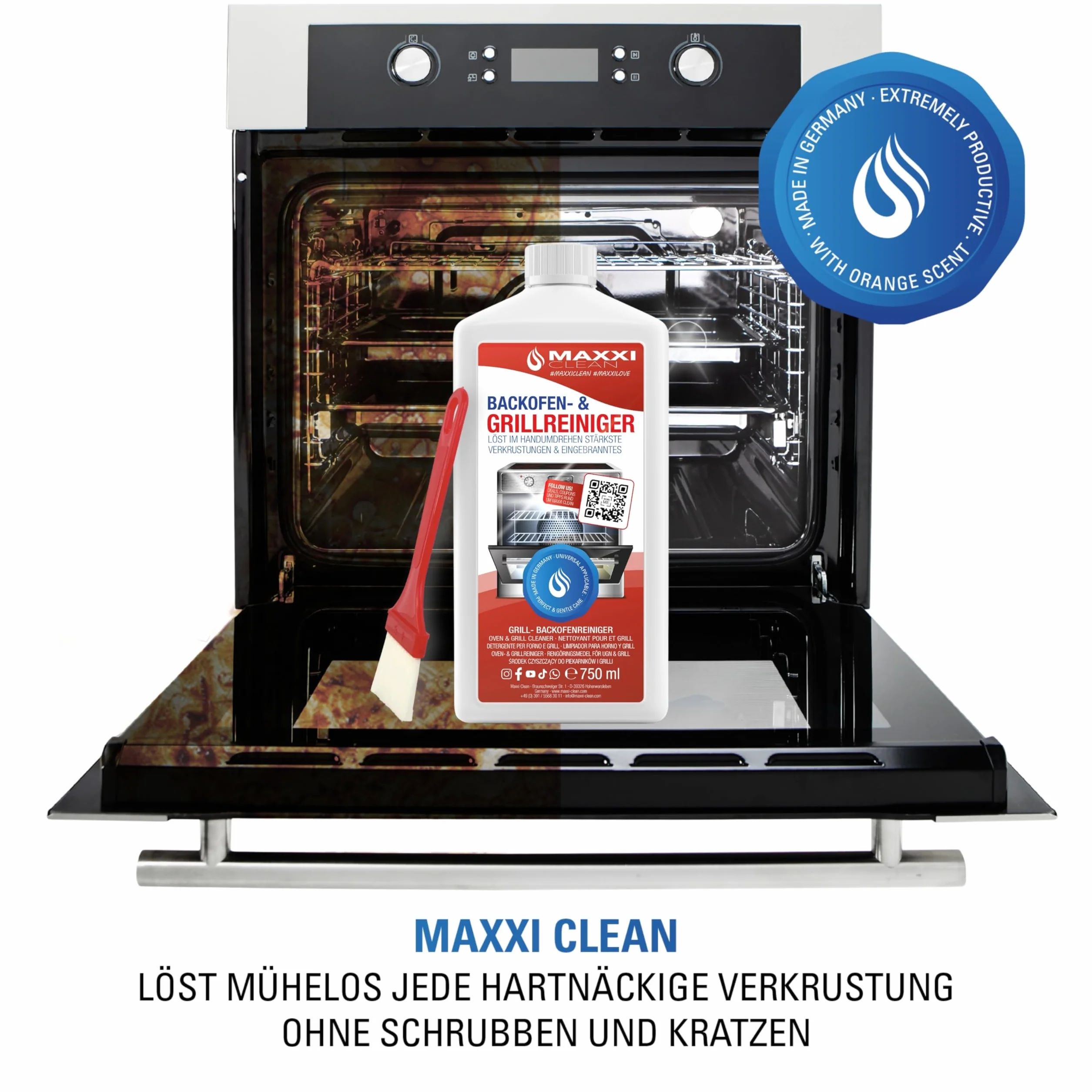 Maxxi Clean | Kit di pulizia per forno e grill | 750 ml di gel con 1 pennello | detergente e sgrassatore extra potente per forno, piano cottura e grill | scioglie le incrostazioni