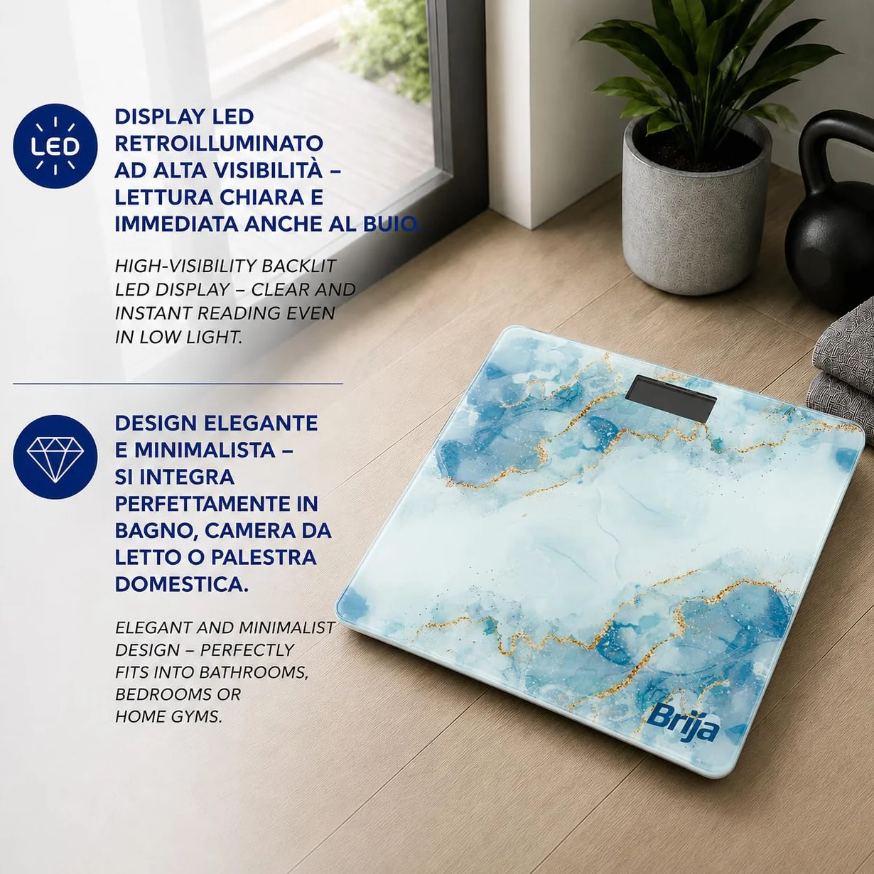 IPEA Bilancia Pesapersone Digitale Ultra Sottile Tecnologia STEP ON Massima Precisione Peso Effetto Marmo Vetro Temperato Display 0,1 KG Max 180Kg