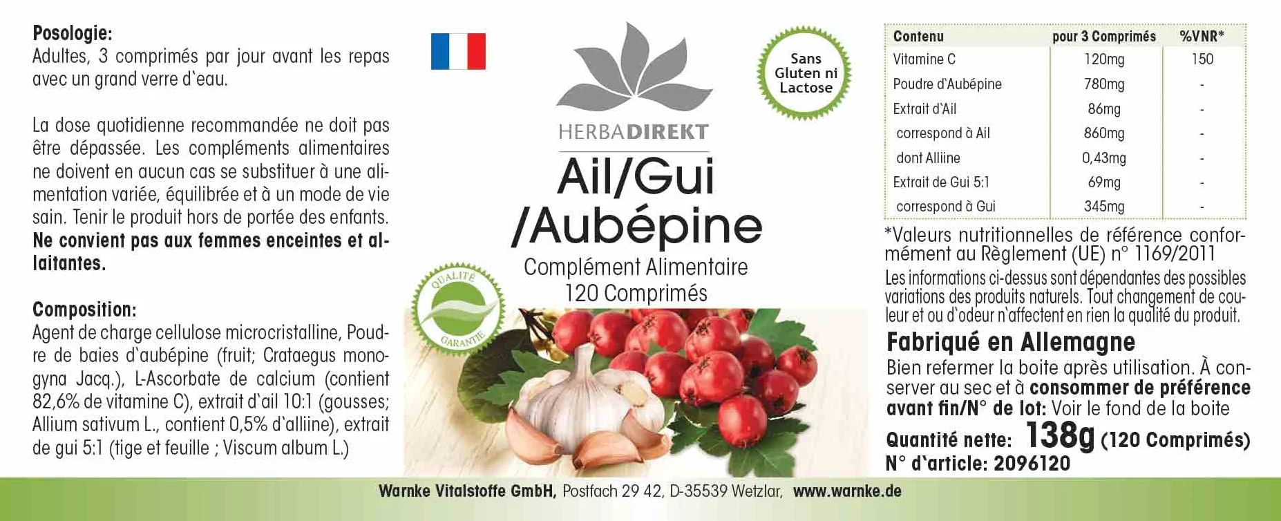Biancospino vischio d'aglio - 120 compresse con vitamina C, altamente dosato, vegano | HERBADIREKT by Warnke Vitalstoffe - Qualità da farmacia tedesca