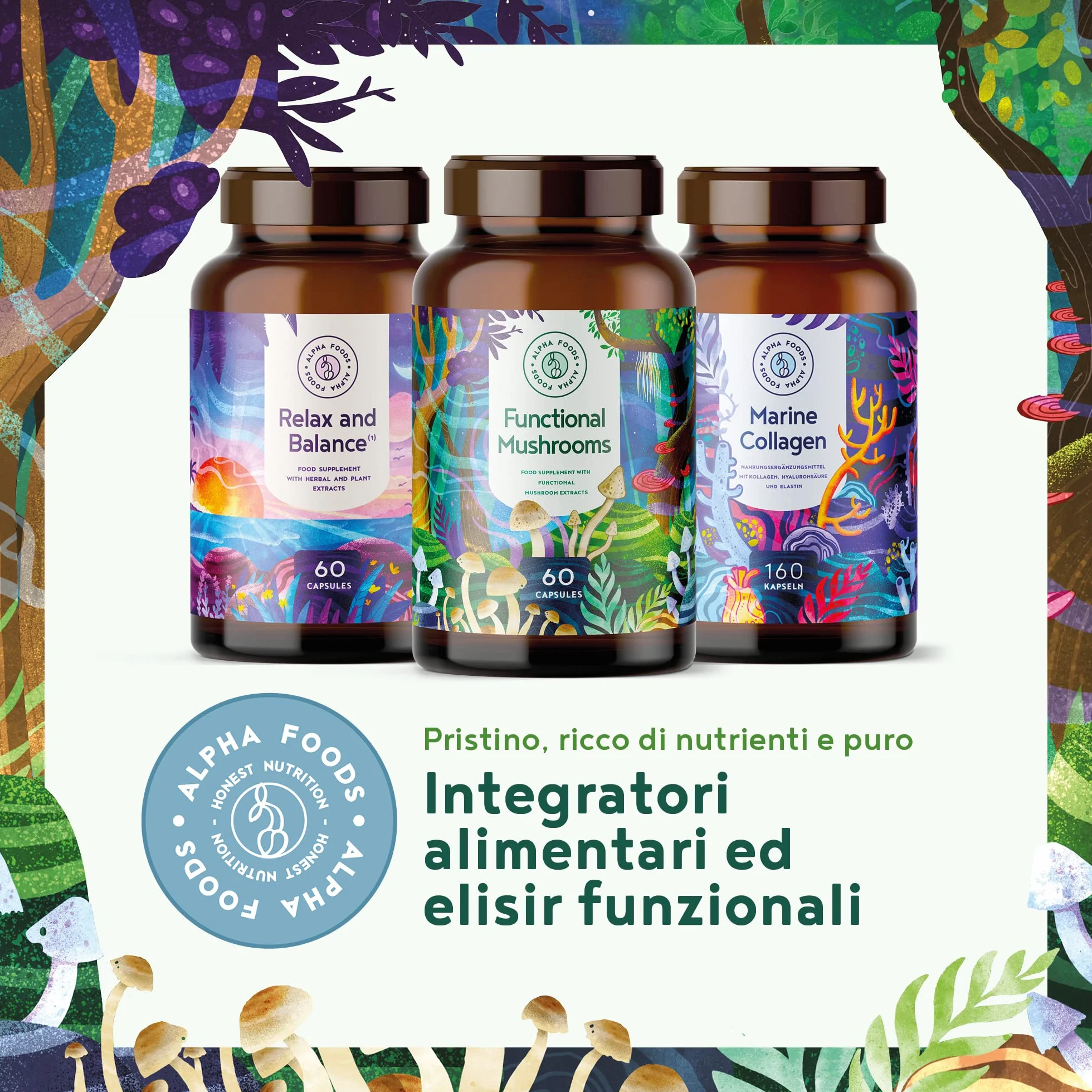 Funghi Funzionali con Maitake, Funghi Shiitake, Cordyceps, Fungo Reishi, Agaricus, Lions Mane | Integratore Multivitaminico Completo per Difese Immunitarie Adulti e Salute del Cuore | Alpha Foods