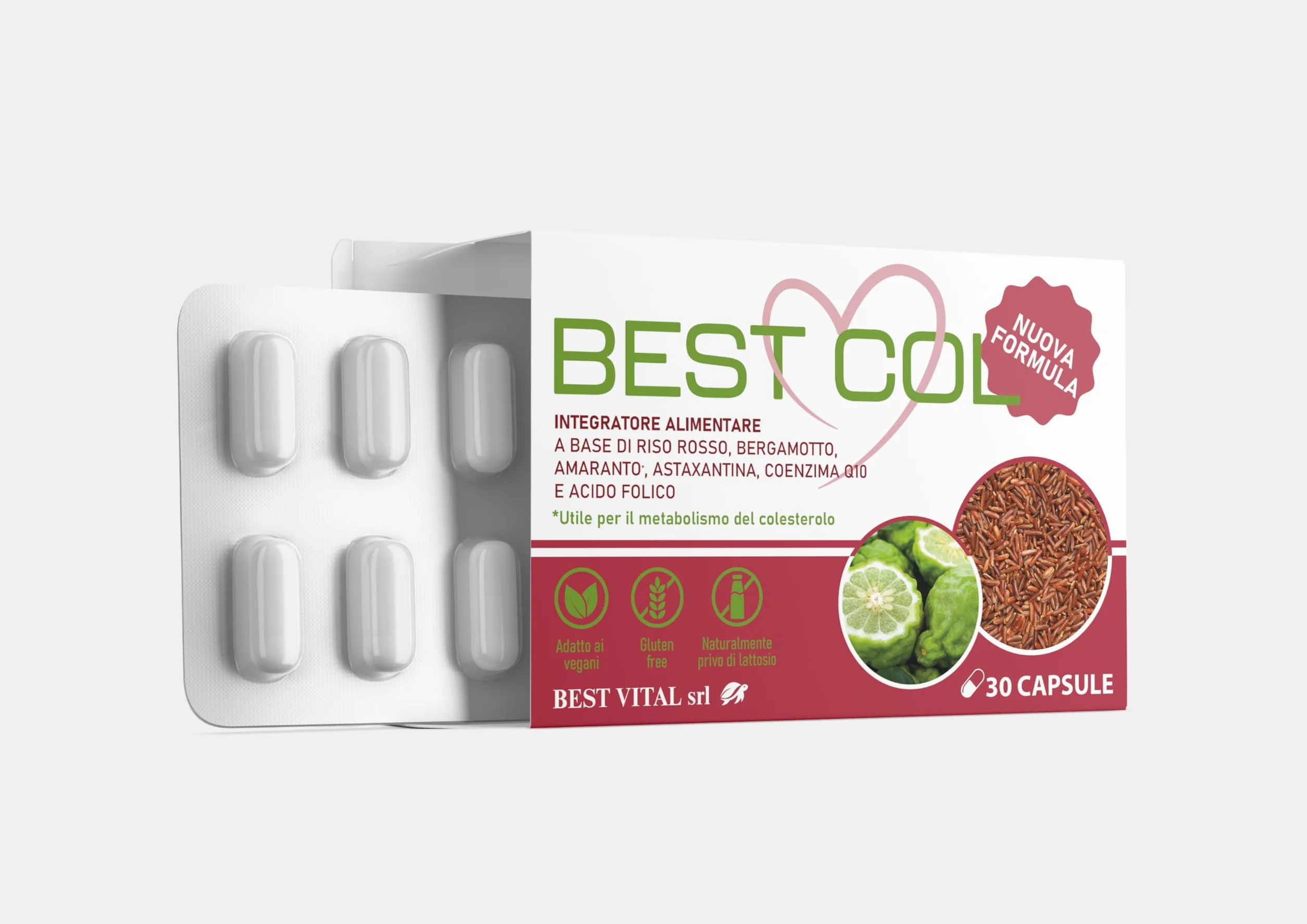 BEST COL Nuova Formula - Integratore Alimentare a Base di Bergamotto, Amaranto, Astaxantina, Coenzima Q-10, Riso Rosso e Acido Folico. 30 capsule