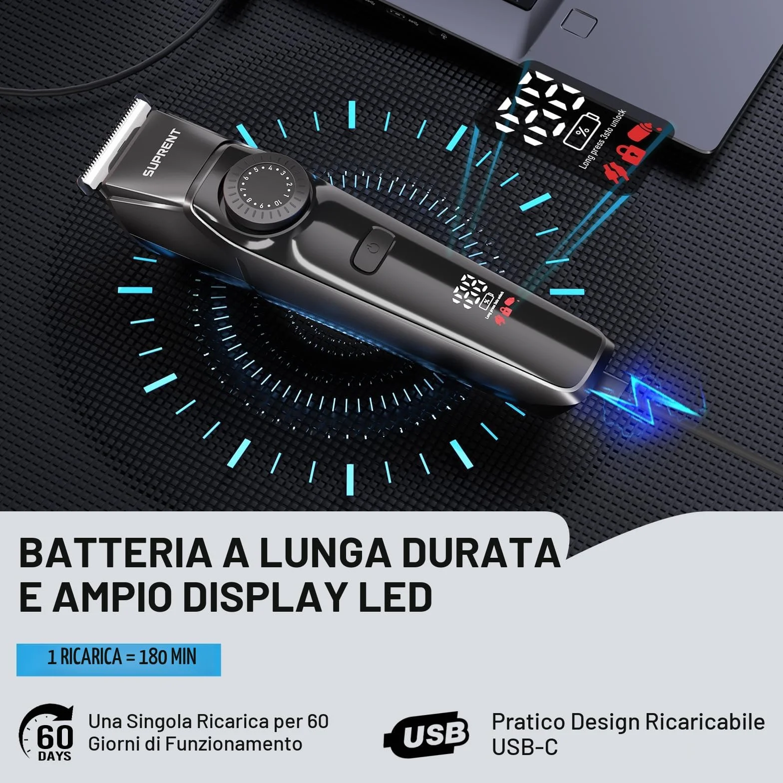 SUPRENT Regolabarba Uomo Professionale IPX7 Impermeabile Rasoio Elettrico Barba e Capelli