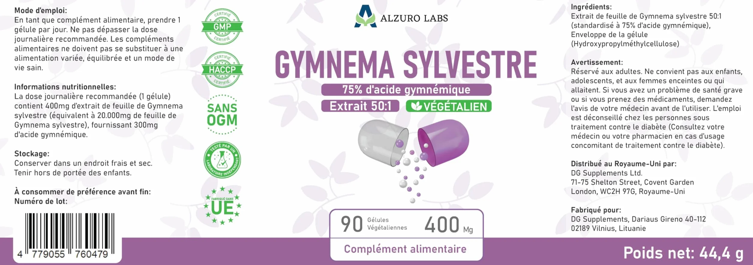 Gymnema Sylvestre 20,000mg Estratto 50:1 400mg 75% Acido Gymnemico 90 Capsule Vegane