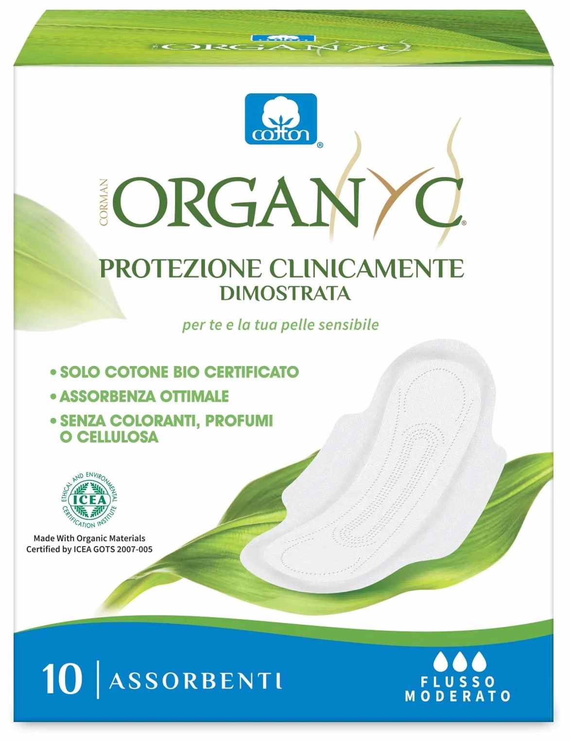 Organyc Assorbenti Giorno con Ali Ripiegate in Cotone Certificato 100% Biologico, 1 Confezione da 10 Unità