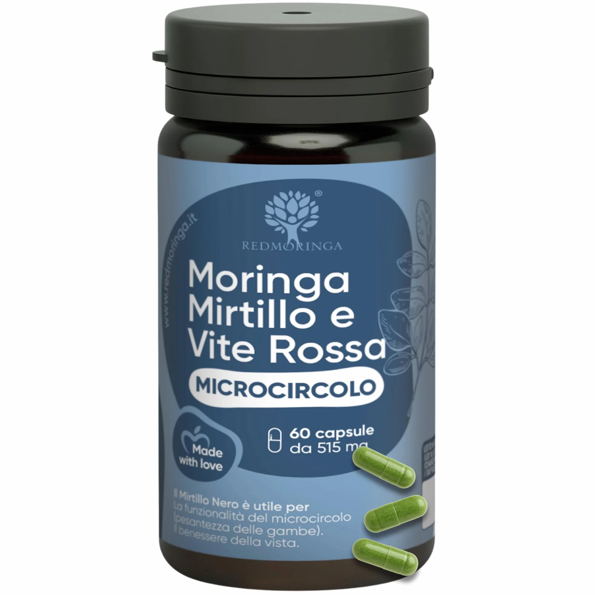 RedMoringa Integratore Microcircolo Gambe Mirtillo Nero e Vite Rossa con Moringa BIO 60 Capsule